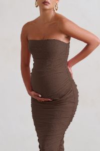 My Lady | Maternity Chocolate Brown Strapless Bodycon Ruched Mesh Maxi Dress sold by Club L London
