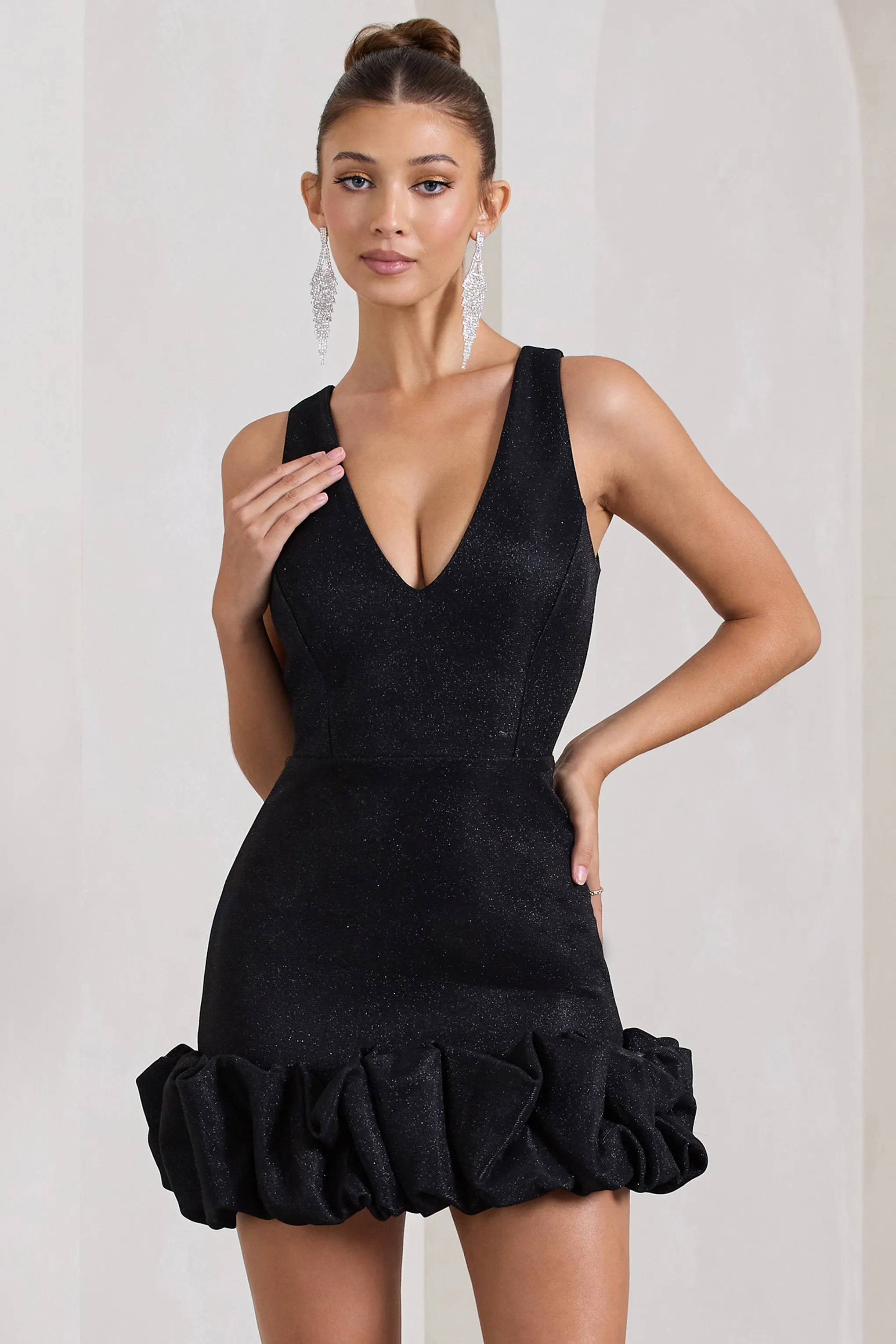 Main Present | Black Glittered V-Neck Mini Dress With Ruffle Trim sold by Club L London product image thumbnail 5