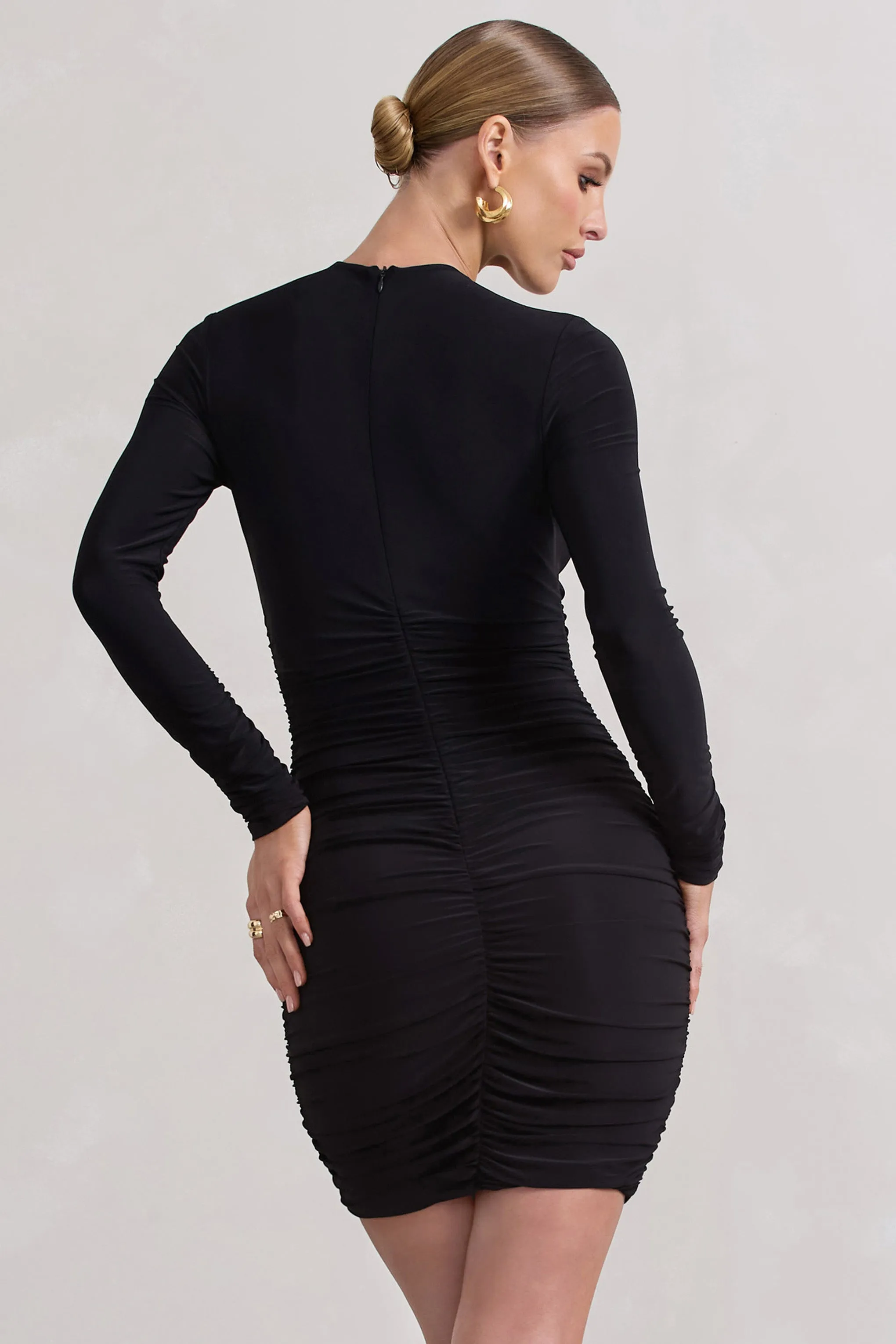 Escapism | Black Ruched Long-Sleeve Cut-Out Mini Dress sold by Club L London product image thumbnail 4