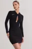 Escapism | Black Ruched Long-Sleeve Cut-Out Mini Dress sold by Club L London