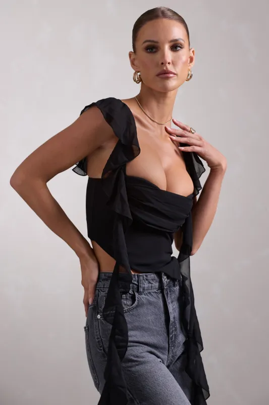 First Love | Black Chiffon Cowl Crop Top With Ruffles sold by Club L London