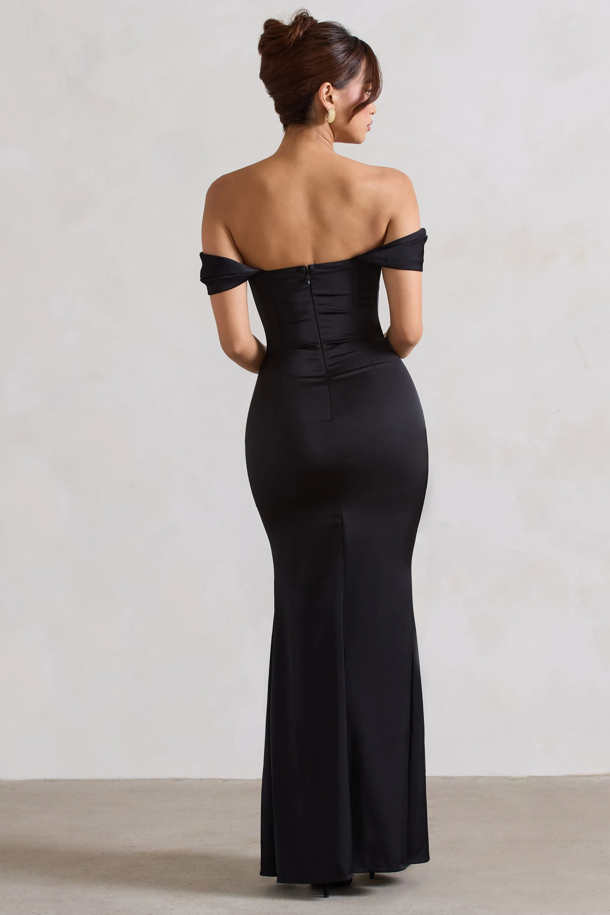 Kimberly | Black Bardot Satin Maxi Dress sold by Club L London product image thumbnail 2