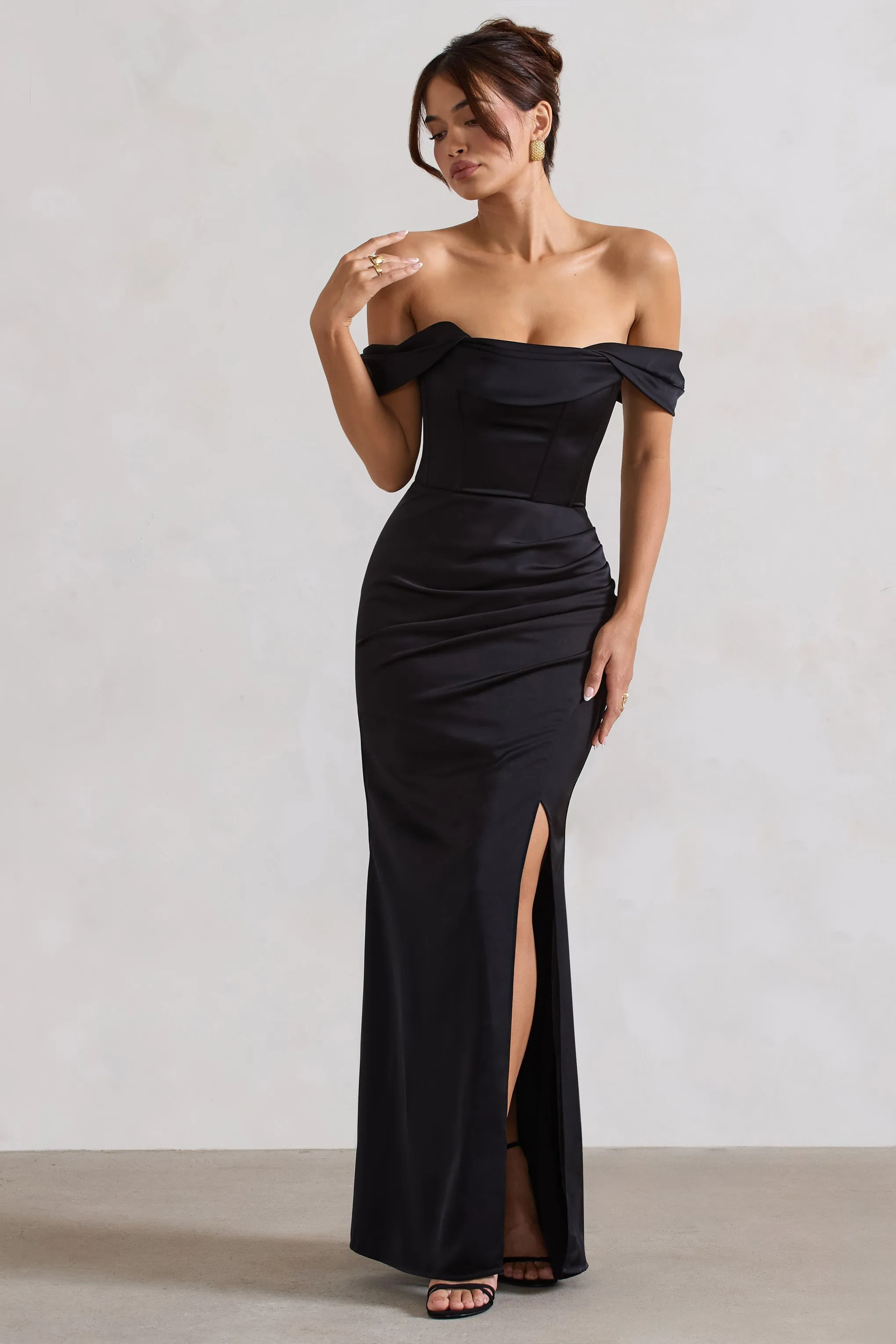 Kimberly | Black Bardot Satin Maxi Dress sold by Club L London product image thumbnail 5