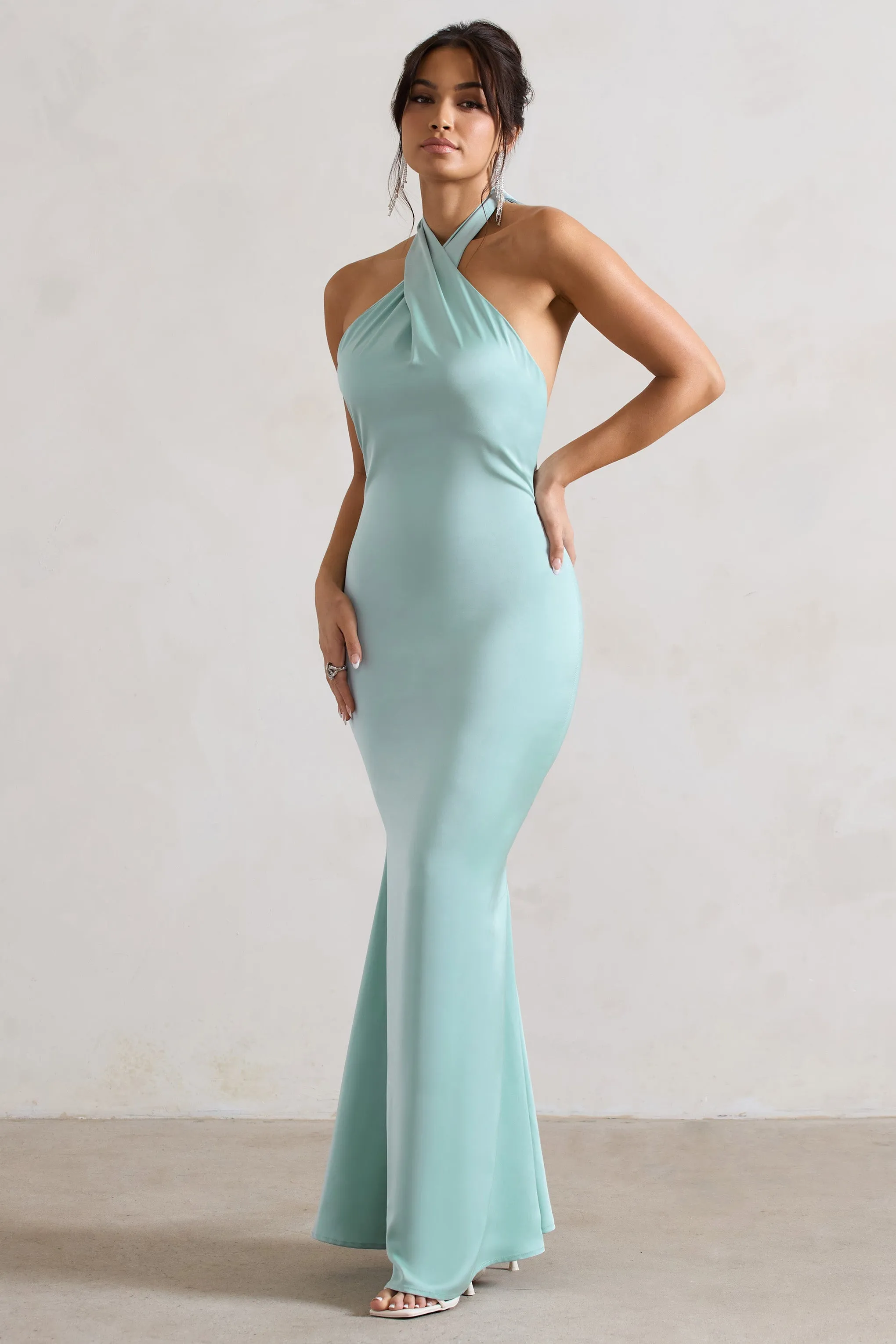 Unbeatable | Mint Green Satin Cross Over Halter-Neck Maxi Dress sold by Club L London product image thumbnail 4