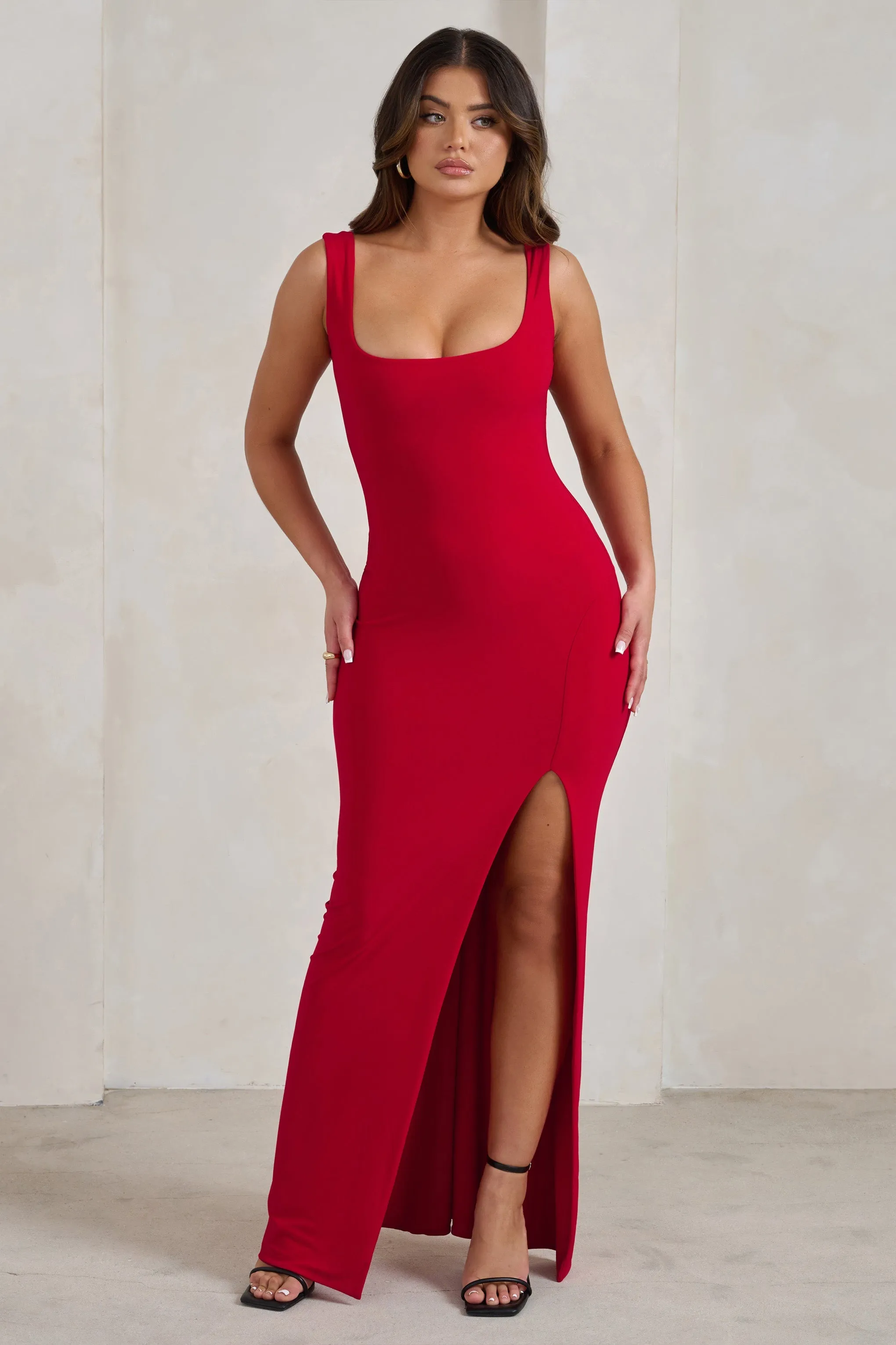 Madeline | Red Sleeveless Thigh Split Maxi Dress sold by Club L London