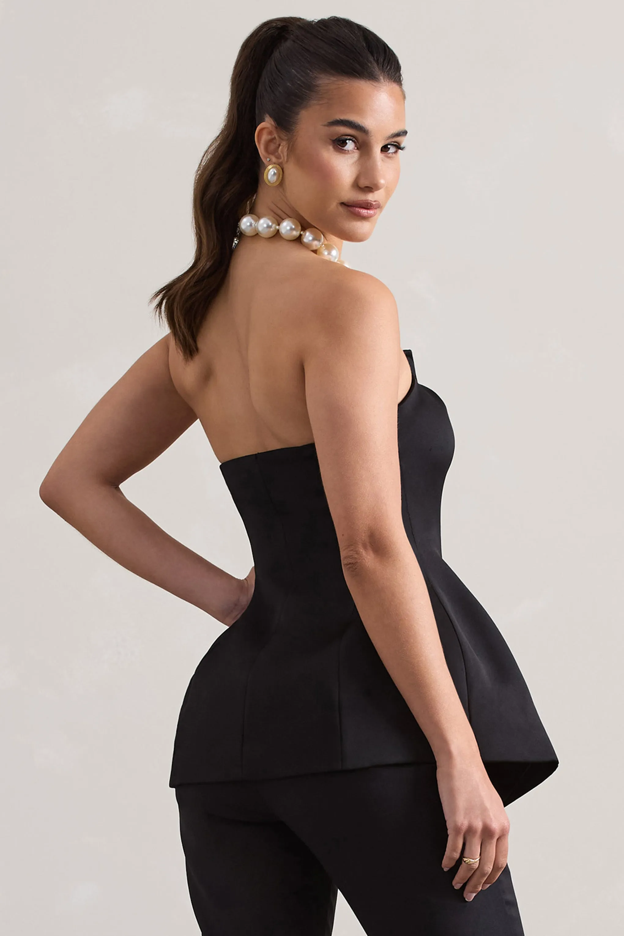 Century | Black Satin Strapless Button Front Corset Top sold by Club L London product image thumbnail 2