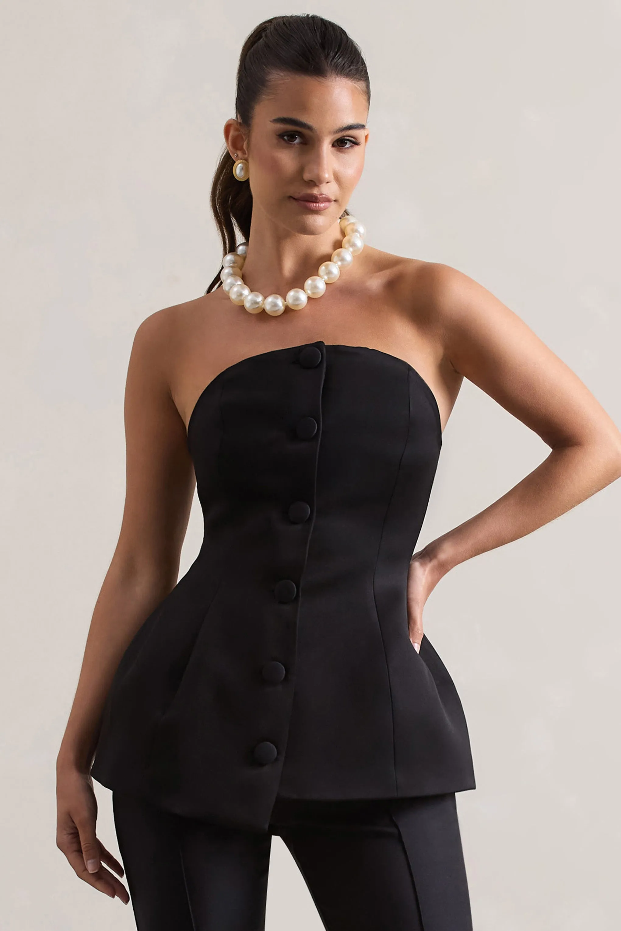 Century | Black Satin Strapless Button Front Corset Top sold by Club L London product image thumbnail 4
