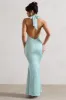 Unbeatable | Mint Green Satin Cross Over Halter-Neck Maxi Dress sold by Club L London