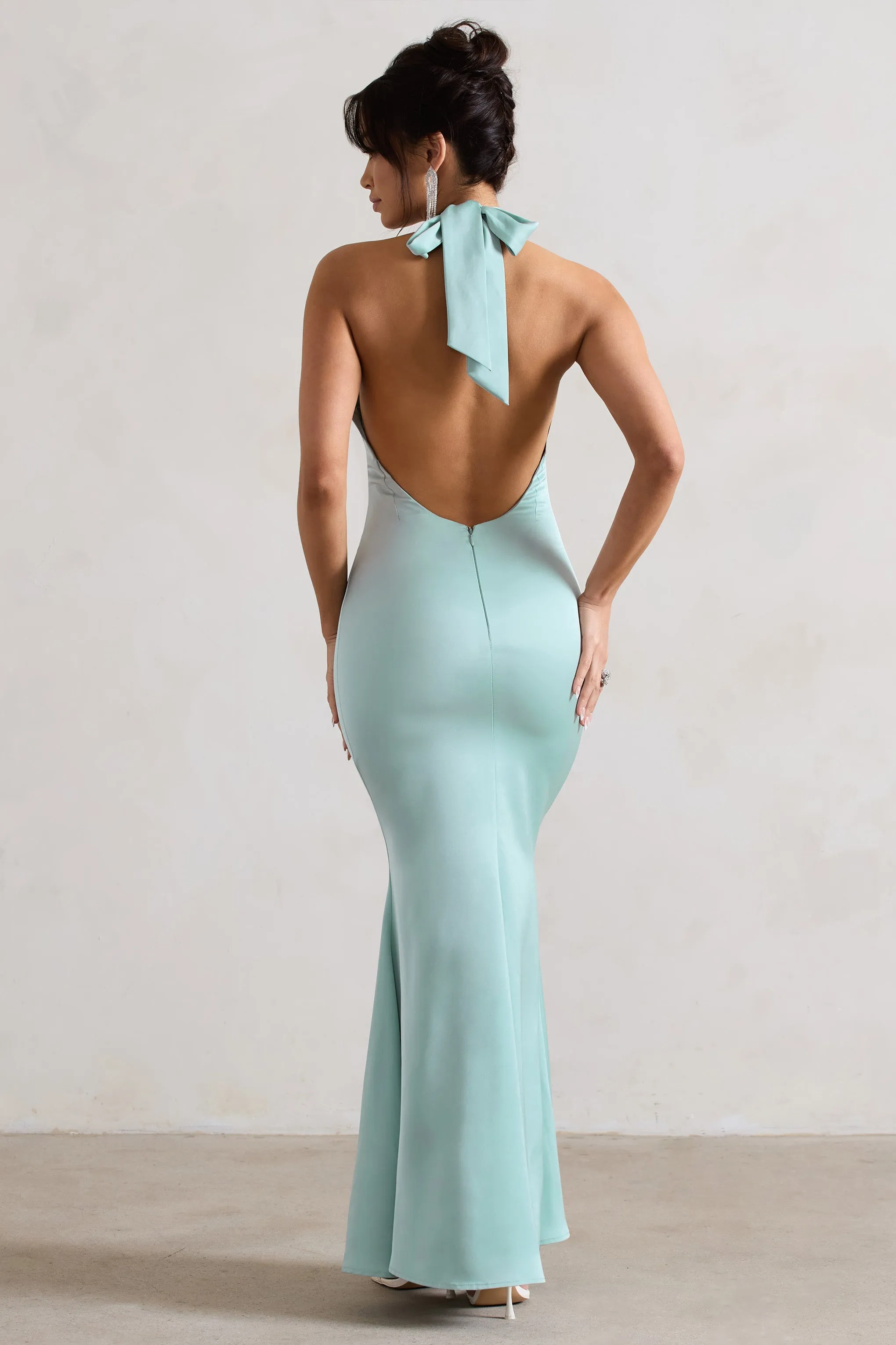 Unbeatable | Mint Green Satin Cross Over Halter-Neck Maxi Dress sold by Club L London product image thumbnail 2