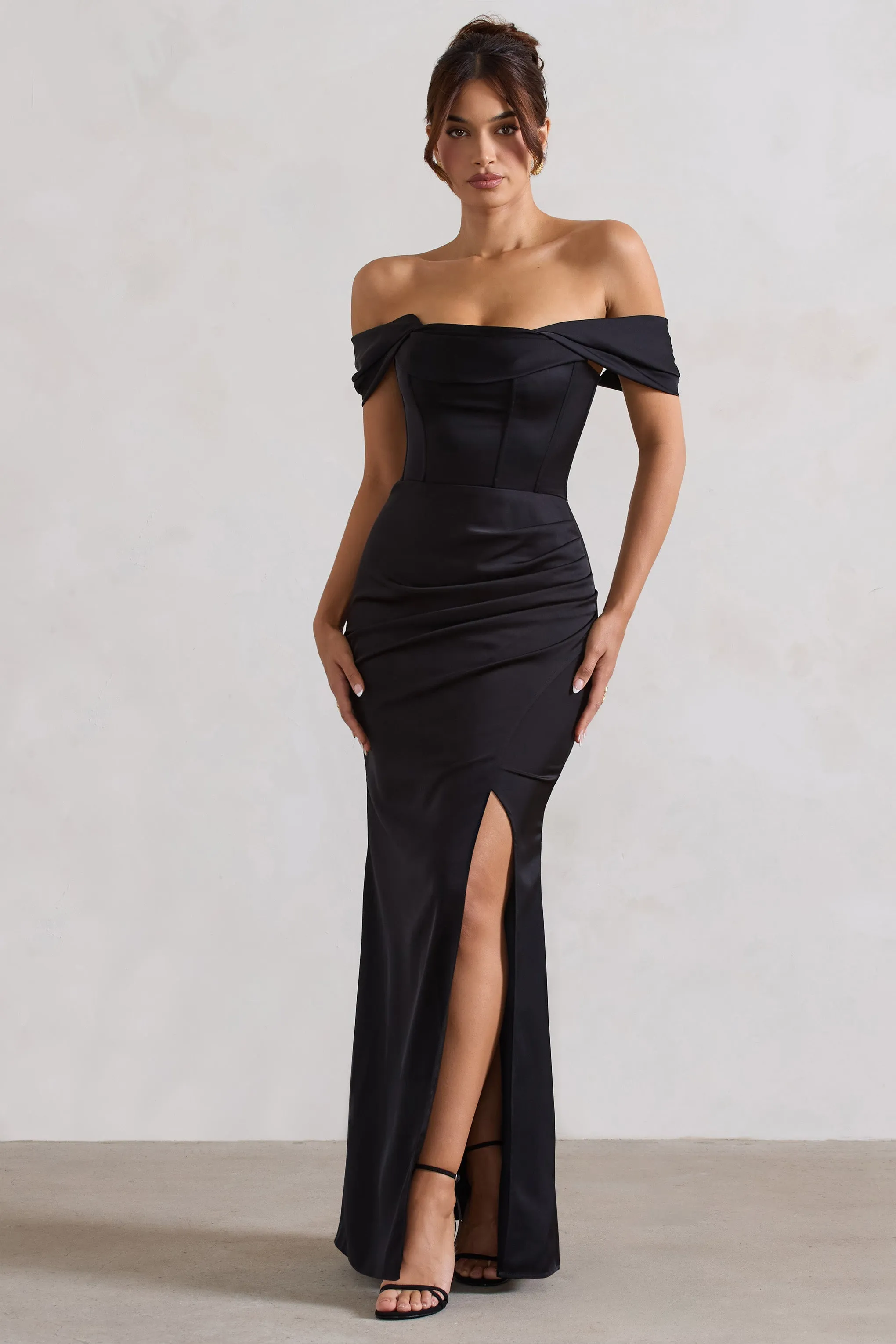 Kimberly | Black Bardot Satin Maxi Dress sold by Club L London product image thumbnail 4