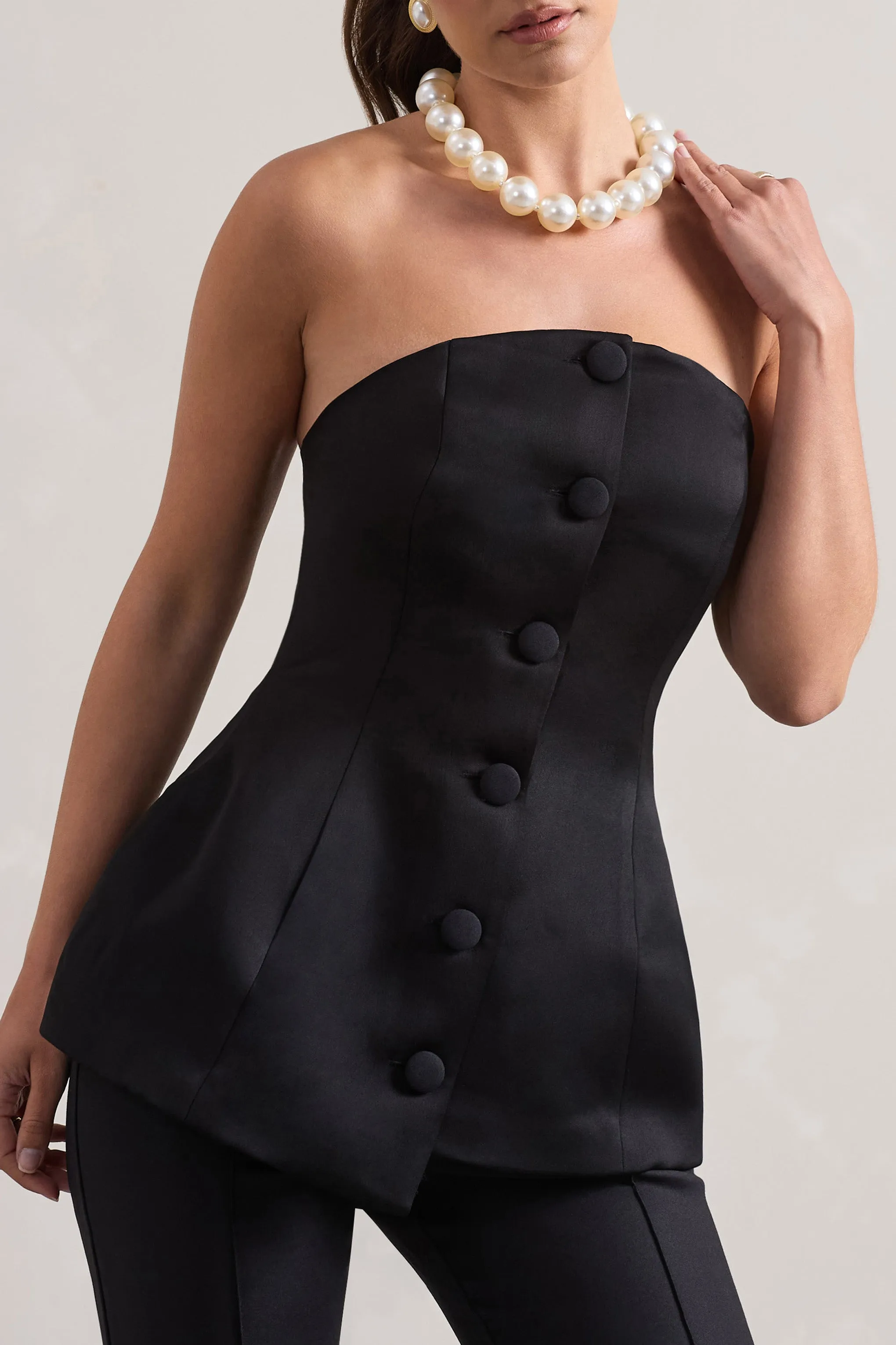 Century | Black Satin Strapless Button Front Corset Top sold by Club L London product image thumbnail 3