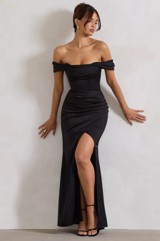 Kimberly | Black Bardot  Satin Maxi Dress sold by Club L London