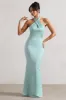 Unbeatable | Mint Green Satin Cross Over Halter-Neck Maxi Dress sold by Club L London