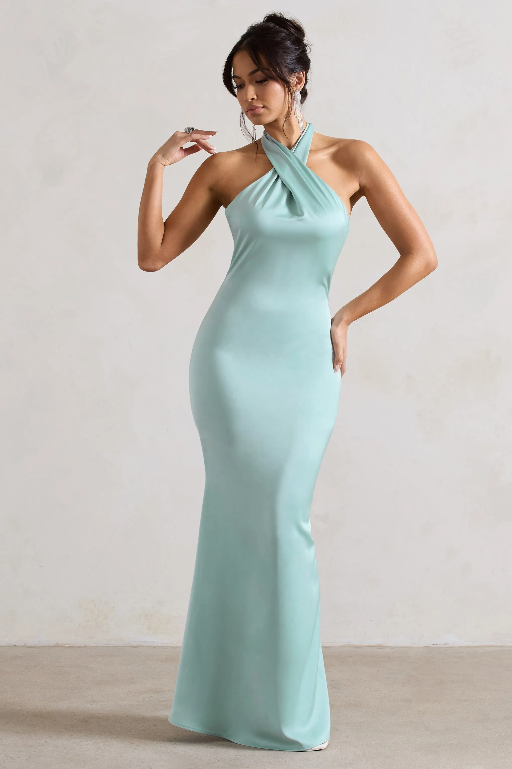 Unbeatable | Mint Green Satin Cross Over Halter-Neck Maxi Dress | Parallel Unbeatable | Mint Green Satin Cross Over Halter-Neck Maxi Dress | Parallel
