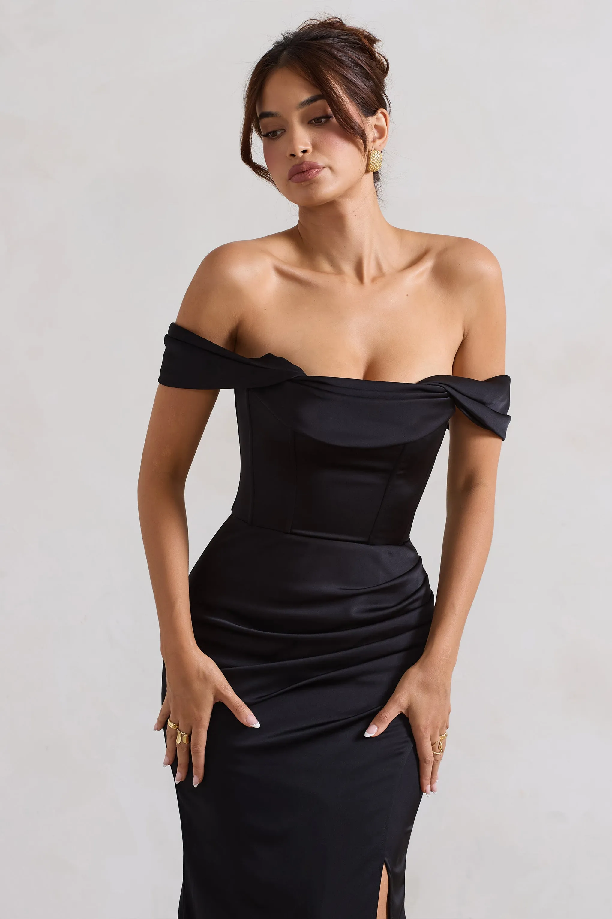 Kimberly | Black Bardot Satin Maxi Dress sold by Club L London product image thumbnail 3