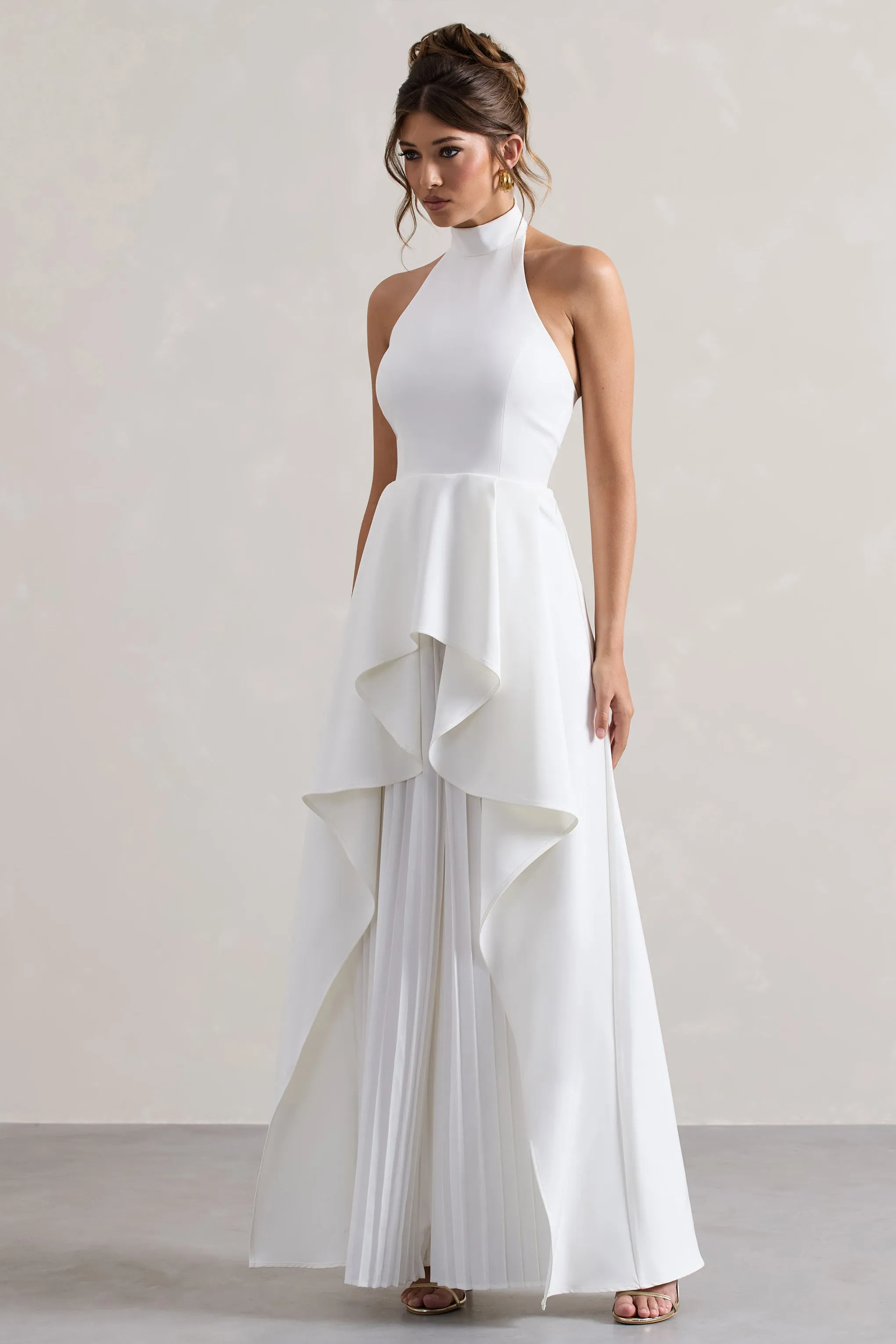 Ashwood | White Plisse High-Neck Cape Jumpsuit sold by Club L London product image thumbnail 4