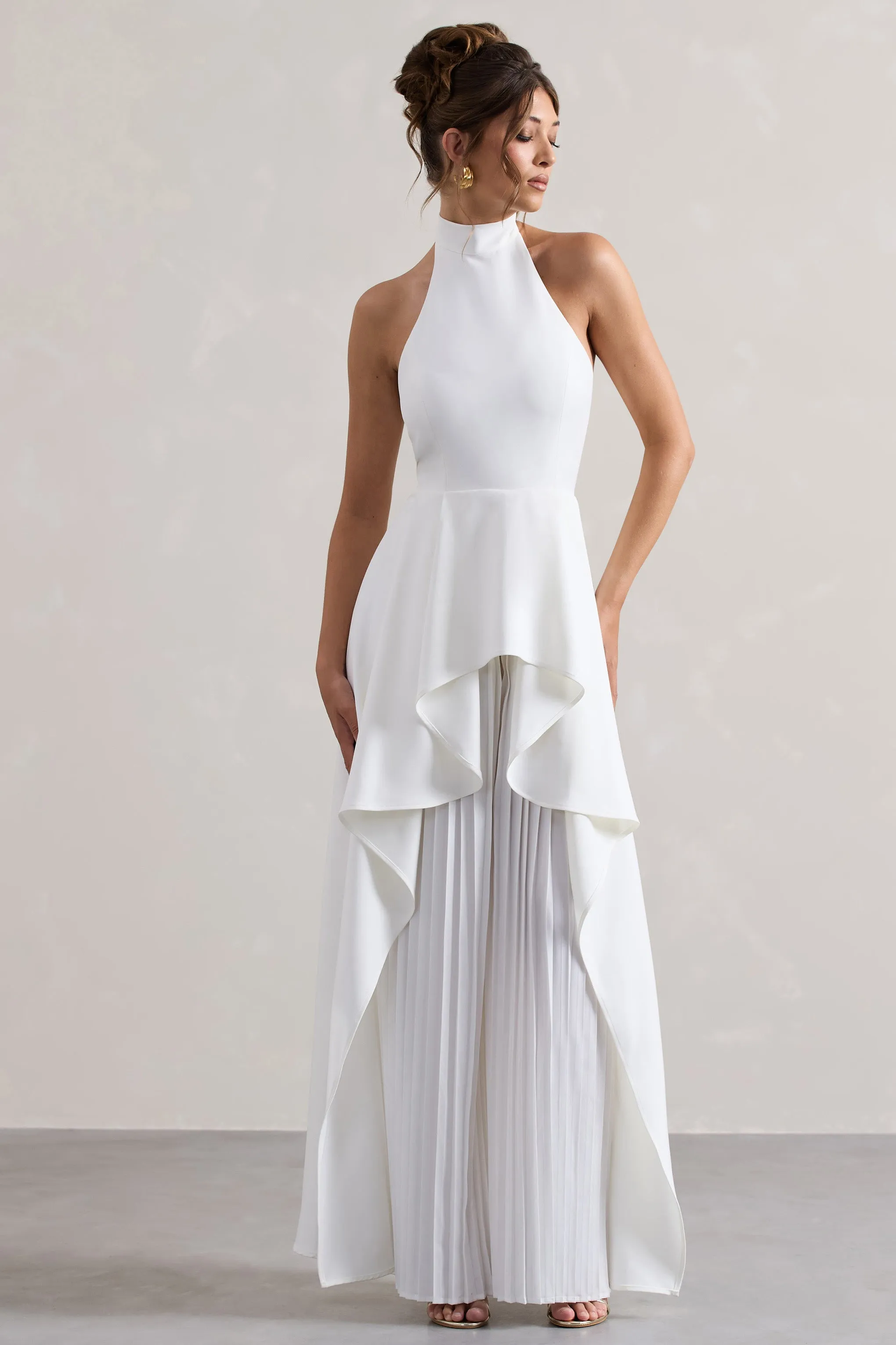 Ashwood | White Plisse High-Neck Cape Jumpsuit sold by Club L London
