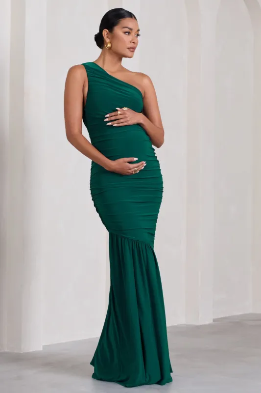 Make My Day | Bottle Green One-Shoulder Ruched Split Maternity Maxi Dress sold by Club L London