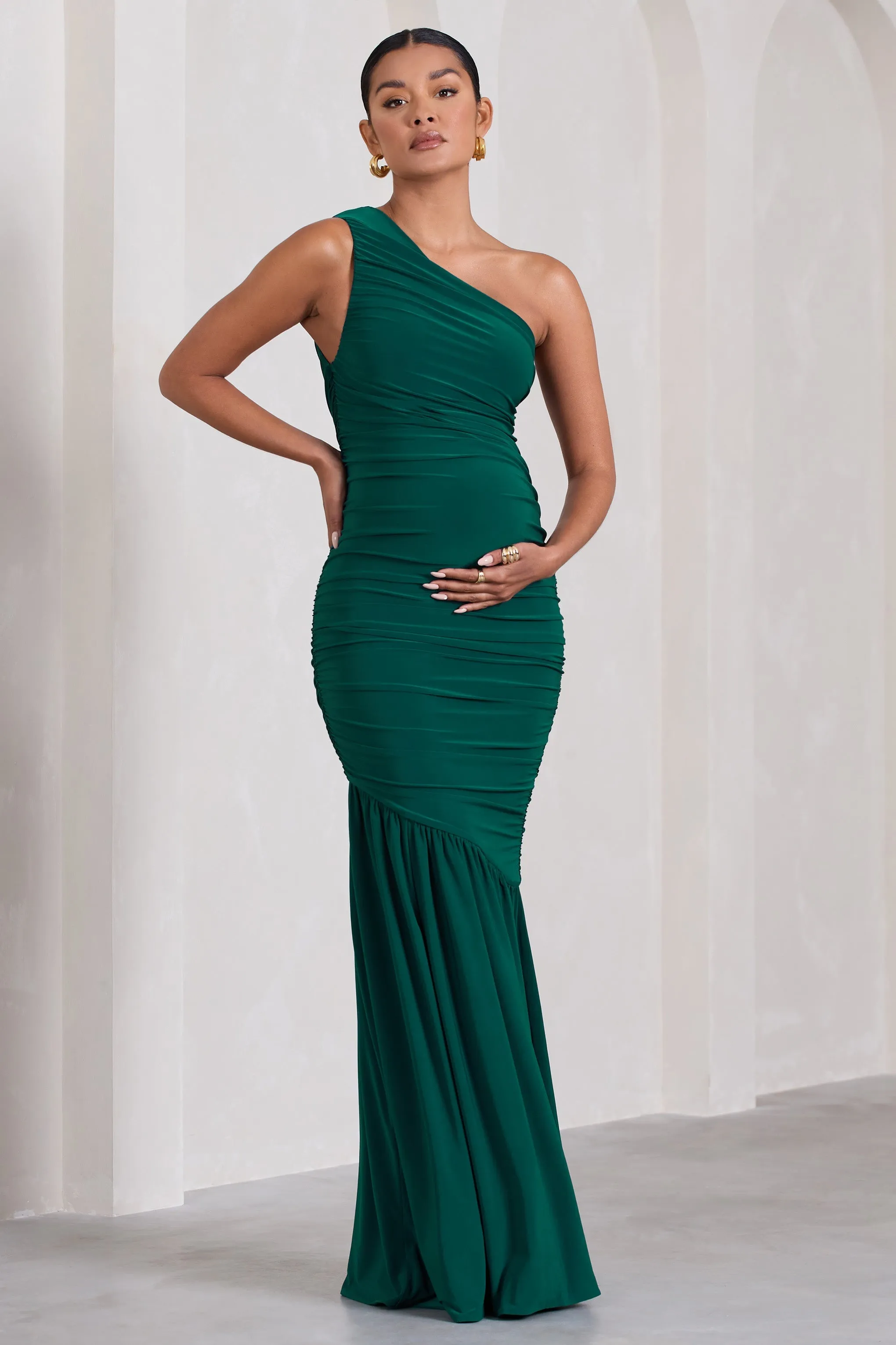 Make My Day | Bottle Green One-Shoulder Ruched Split Maternity Maxi Dress sold by Club L London product image thumbnail 4