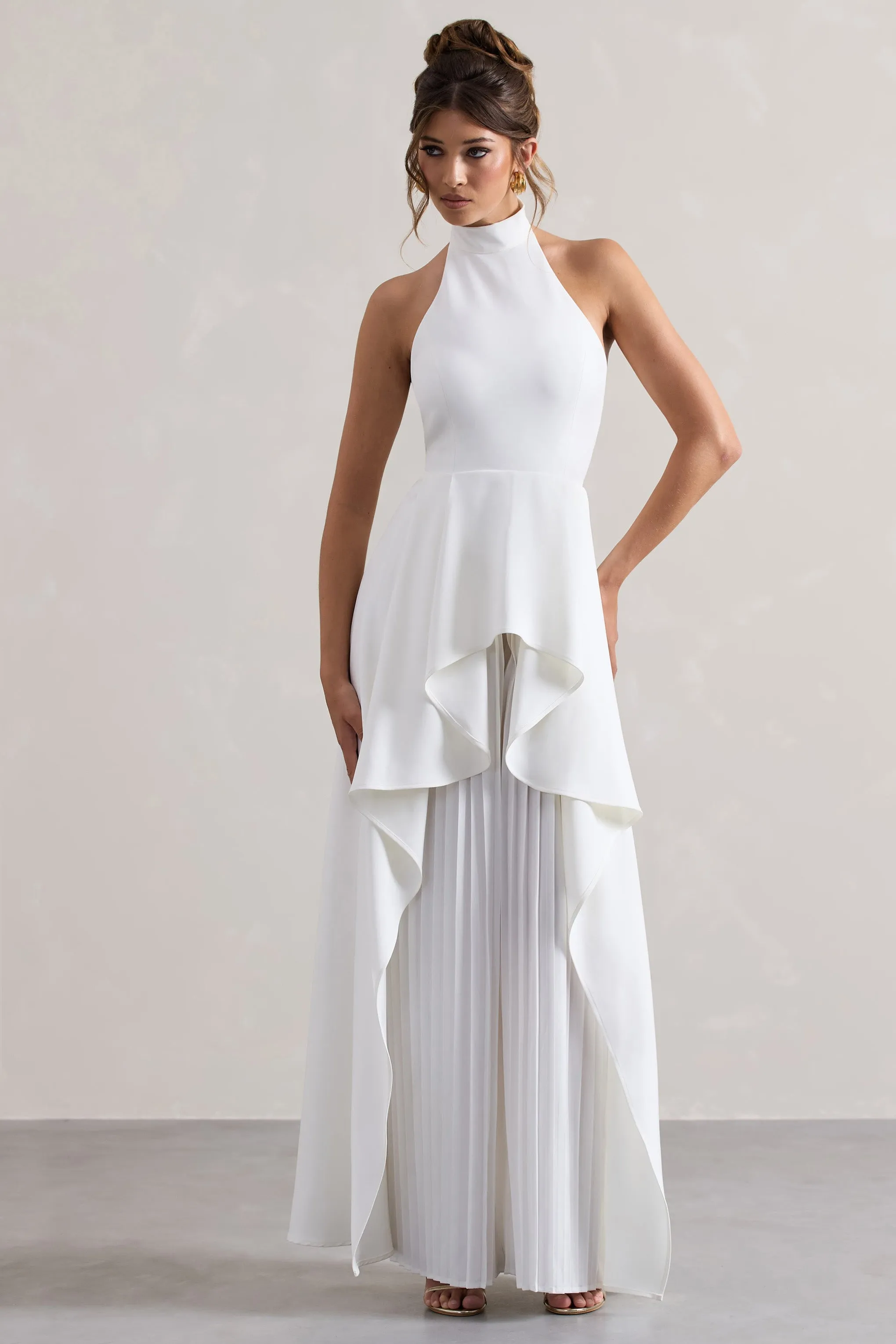 Ashwood | White Plisse High-Neck Cape Jumpsuit sold by Club L London product image thumbnail 5