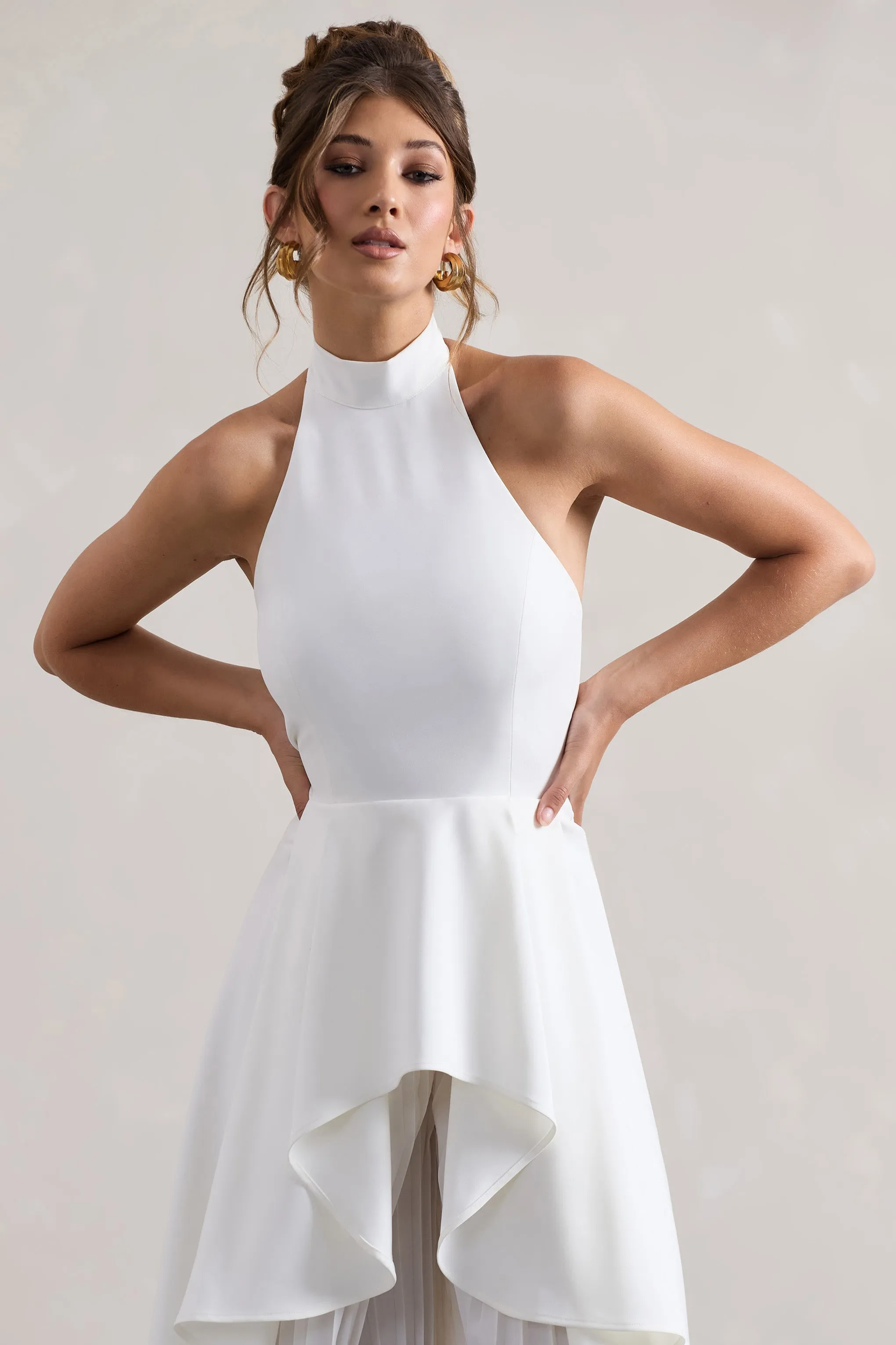 Ashwood | White Plisse High-Neck Cape Jumpsuit sold by Club L London product image thumbnail 3