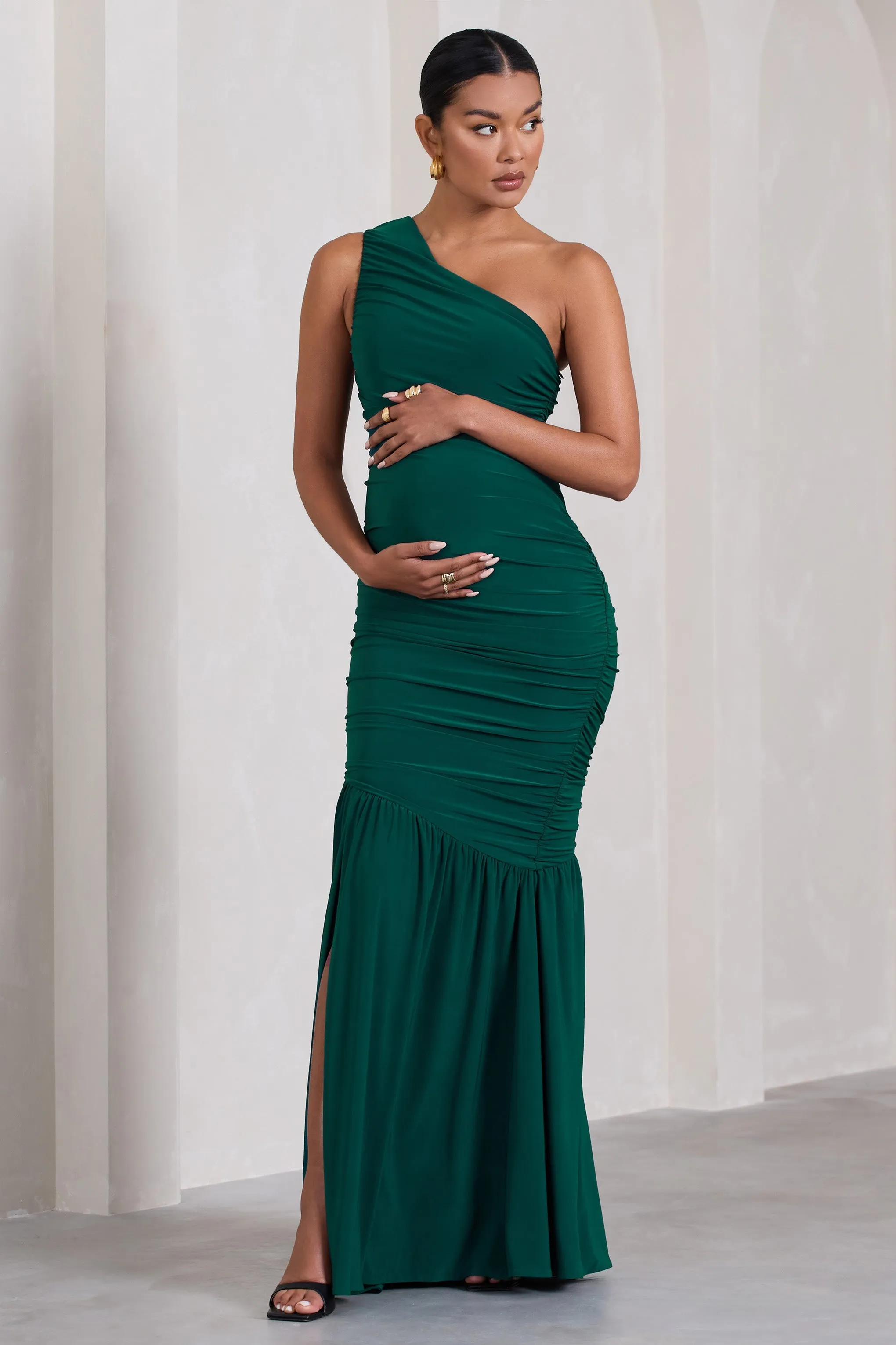 Make My Day | Bottle Green One-Shoulder Ruched Split Maternity Maxi Dress sold by Club L London product image thumbnail 5