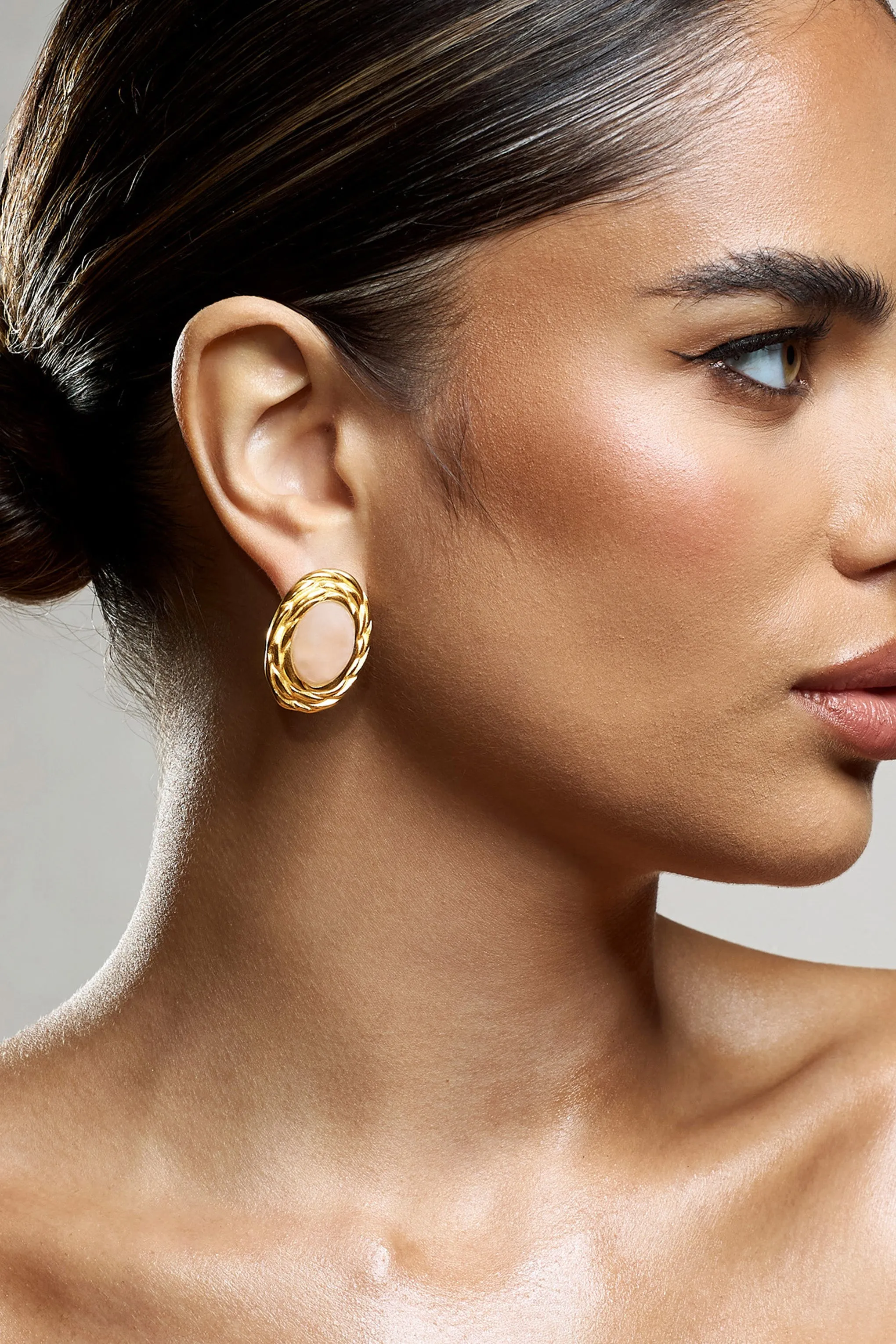 Essie | Nude Pendant Gold Earrings sold by Club L London