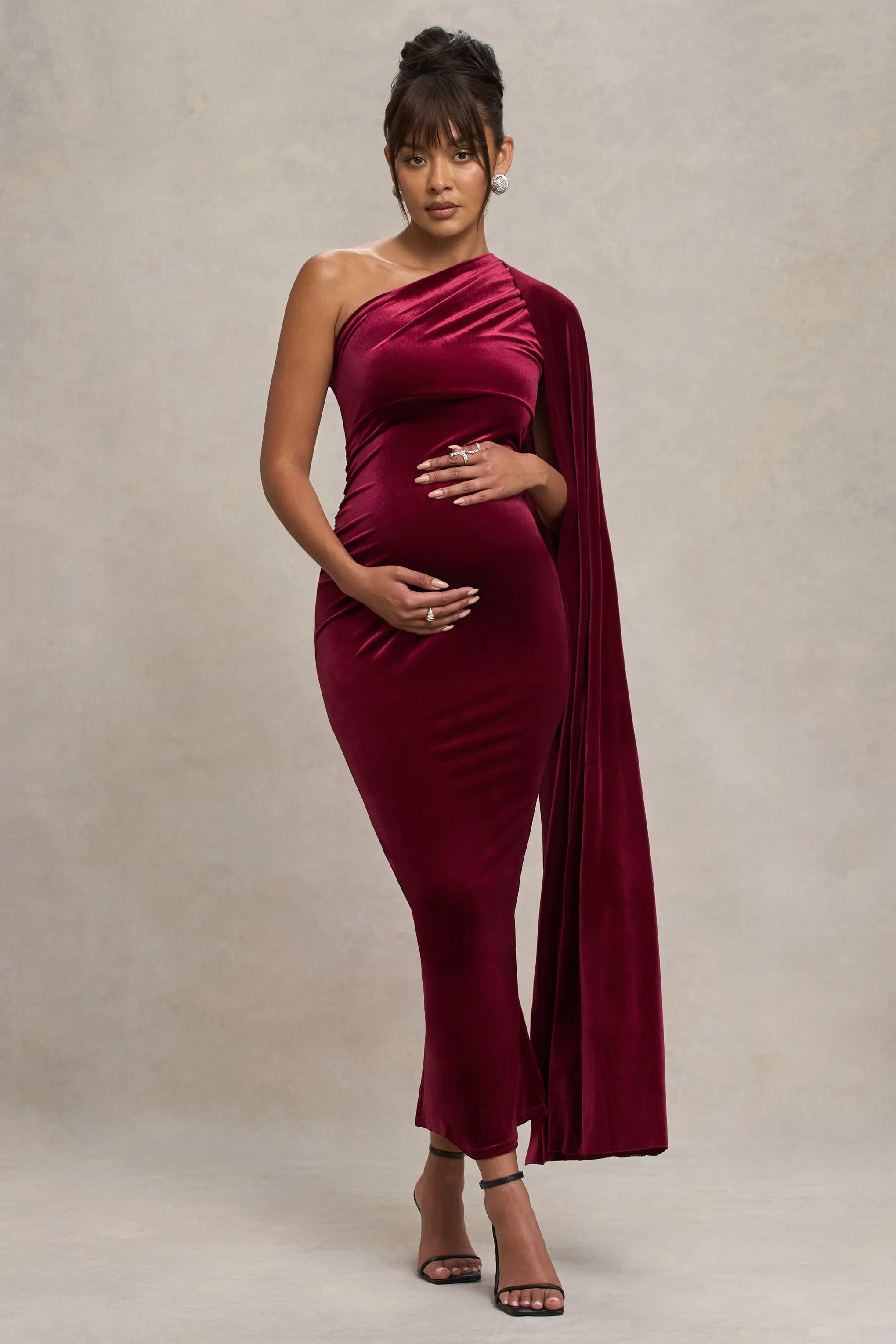 Amaryllis | Berry Velvet Maternity One Shoulder Maxi Dress with Cape Sleeve sold by Club L London product image thumbnail 5