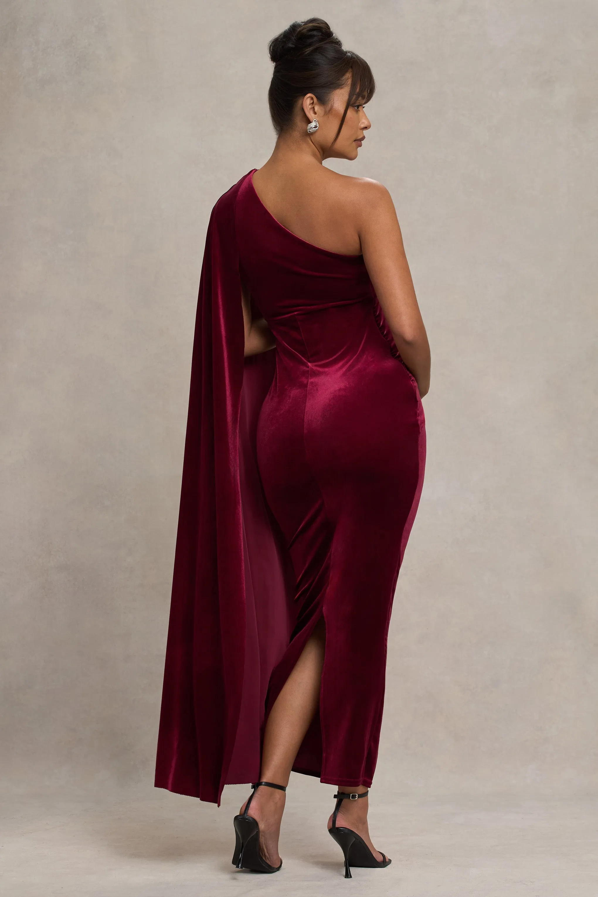 Amaryllis | Berry Velvet Maternity One Shoulder Maxi Dress with Cape Sleeve sold by Club L London product image thumbnail 2