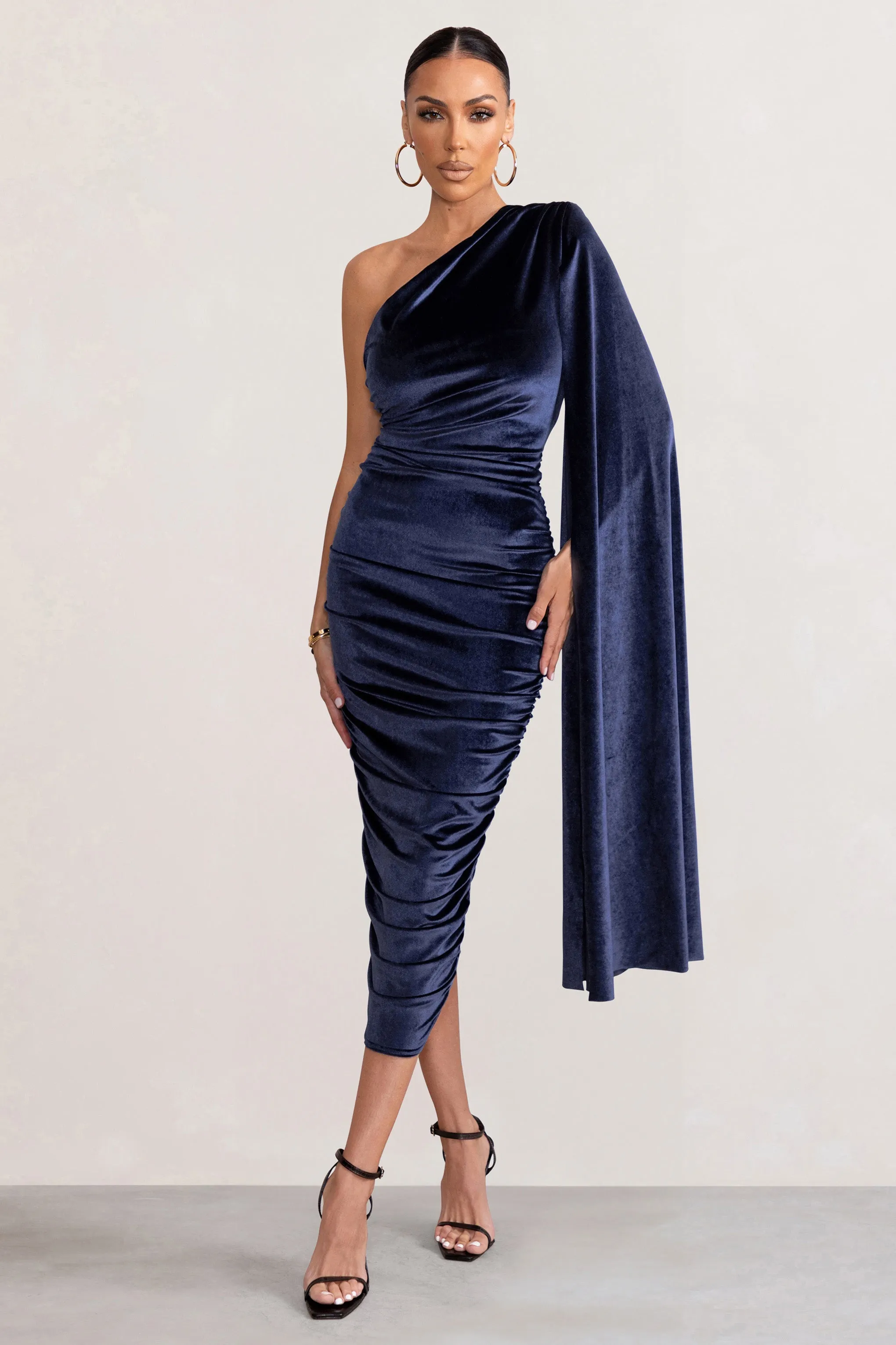 Gianna | Navy Velvet One Shoulder Cape Bodycon Midi Dress sold by Club L London product image thumbnail 4