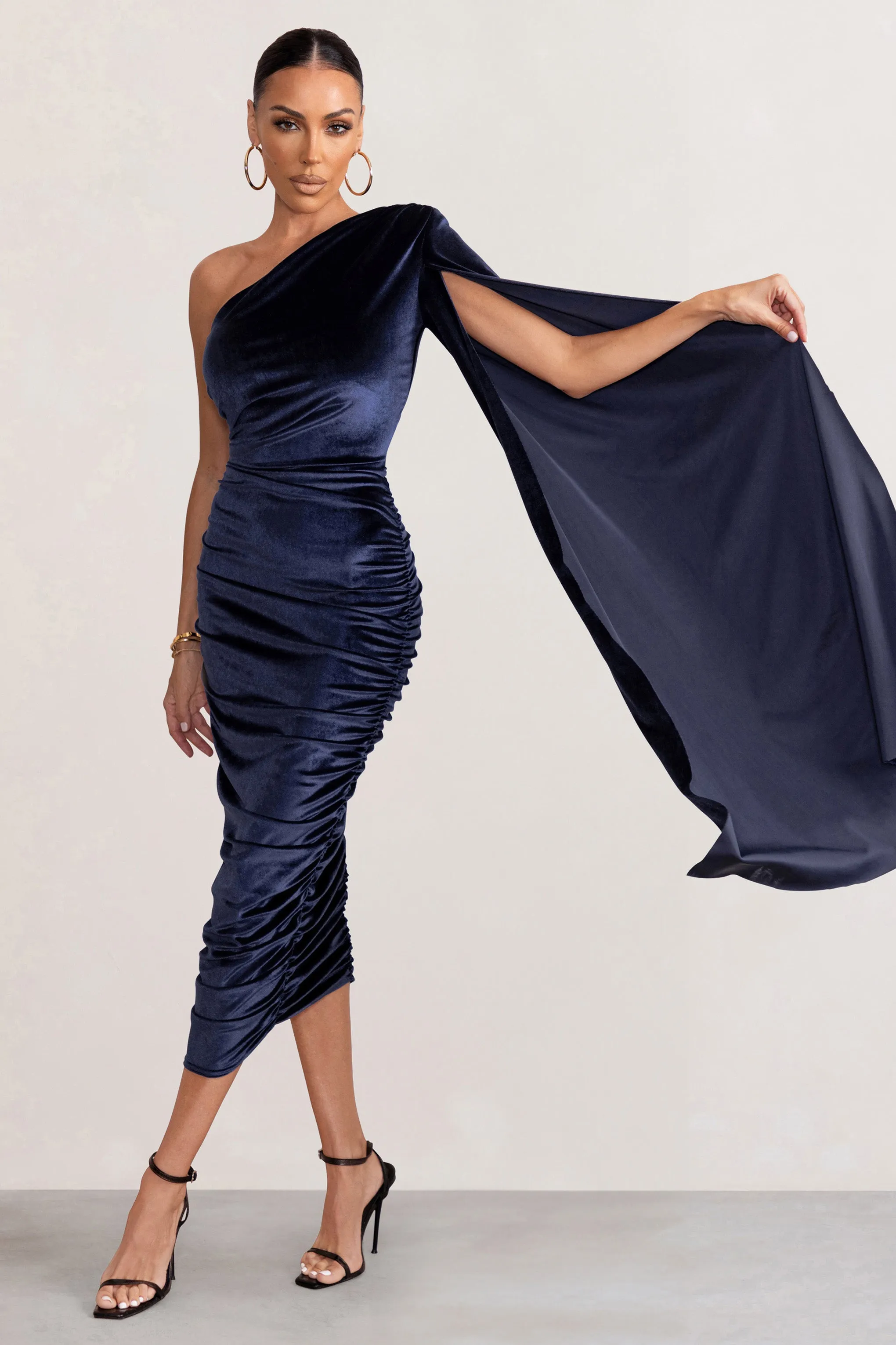 Gianna | Navy Velvet One Shoulder Cape Bodycon Midi Dress sold by Club L London product image thumbnail 3