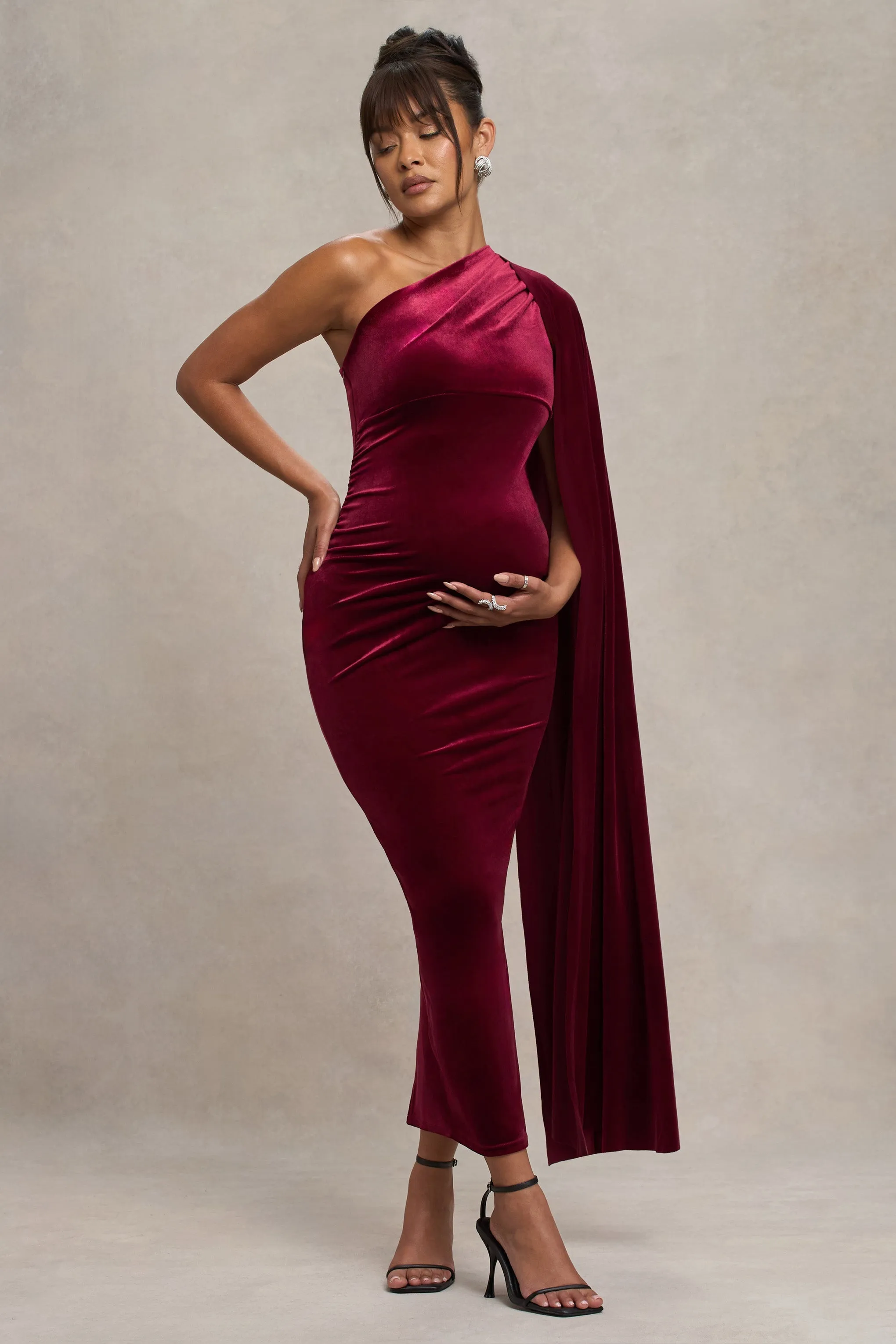 Amaryllis | Berry Velvet Maternity One Shoulder Maxi Dress with Cape Sleeve sold by Club L London product image thumbnail 4