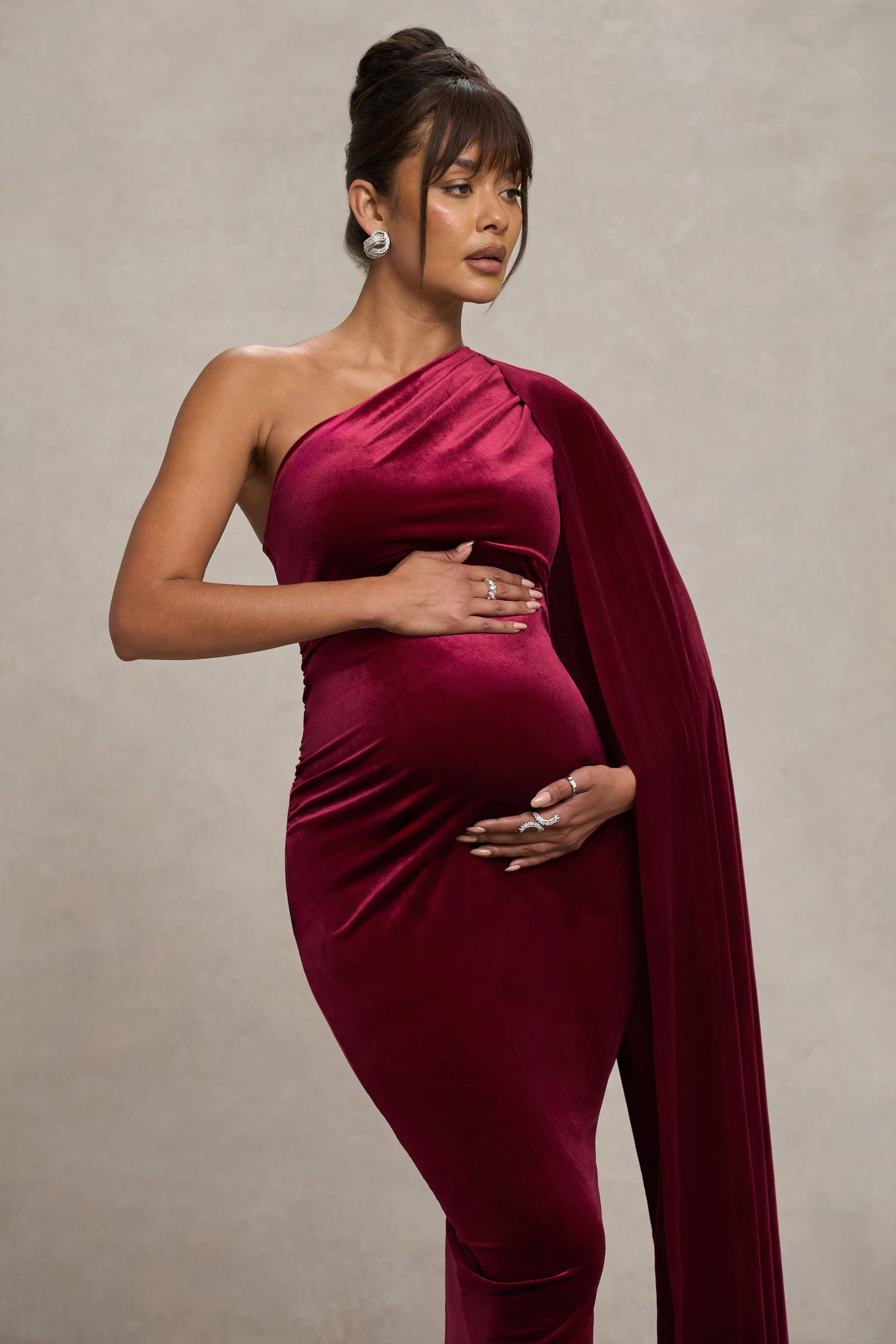Amaryllis | Berry Velvet Maternity One Shoulder Maxi Dress with Cape Sleeve sold by Club L London product image thumbnail 3