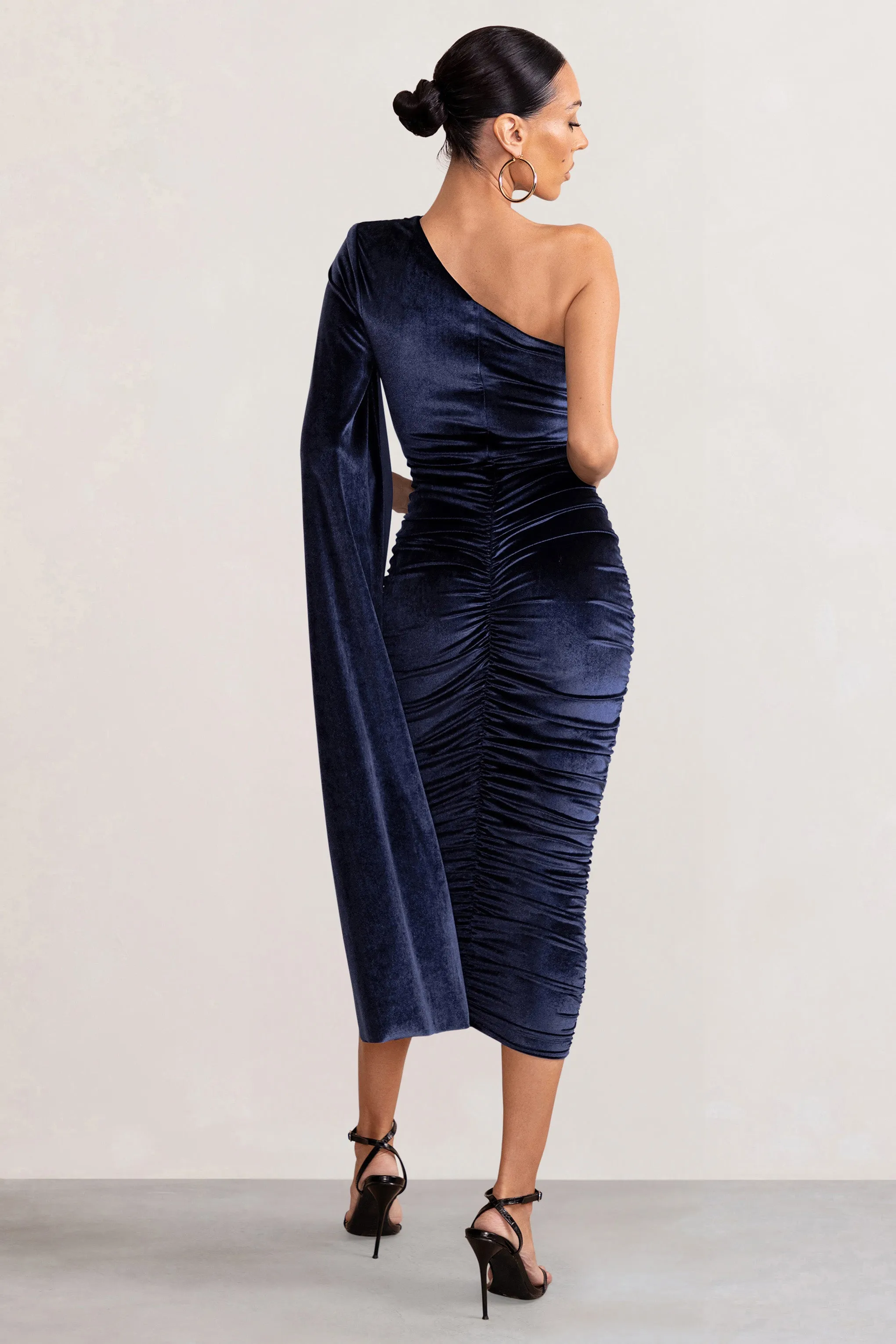 Gianna | Navy Velvet One Shoulder Cape Bodycon Midi Dress sold by Club L London product image thumbnail 2