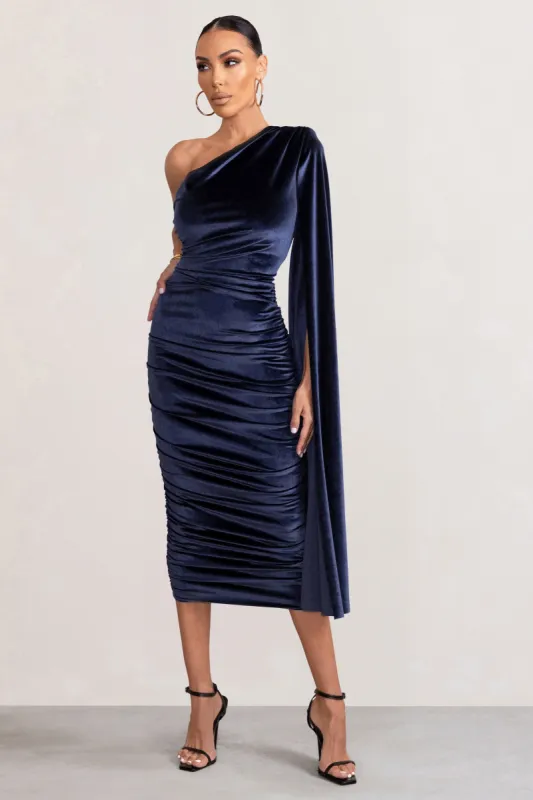 Gianna | Navy Velvet One Shoulder Cape Bodycon Midi Dress sold by Club L London