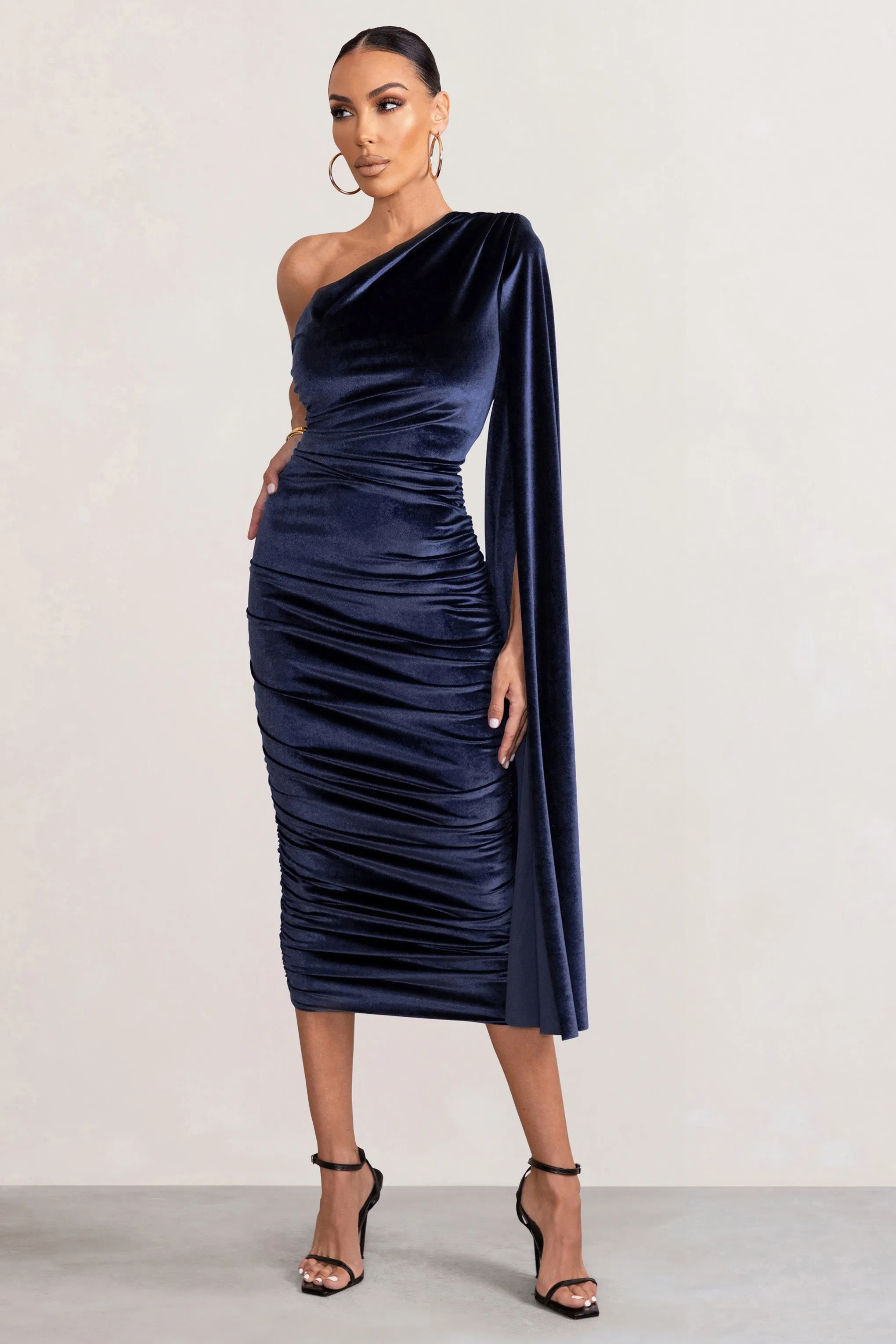 Gianna | Navy Velvet One Shoulder Cape Bodycon Midi Dress sold by Club L London