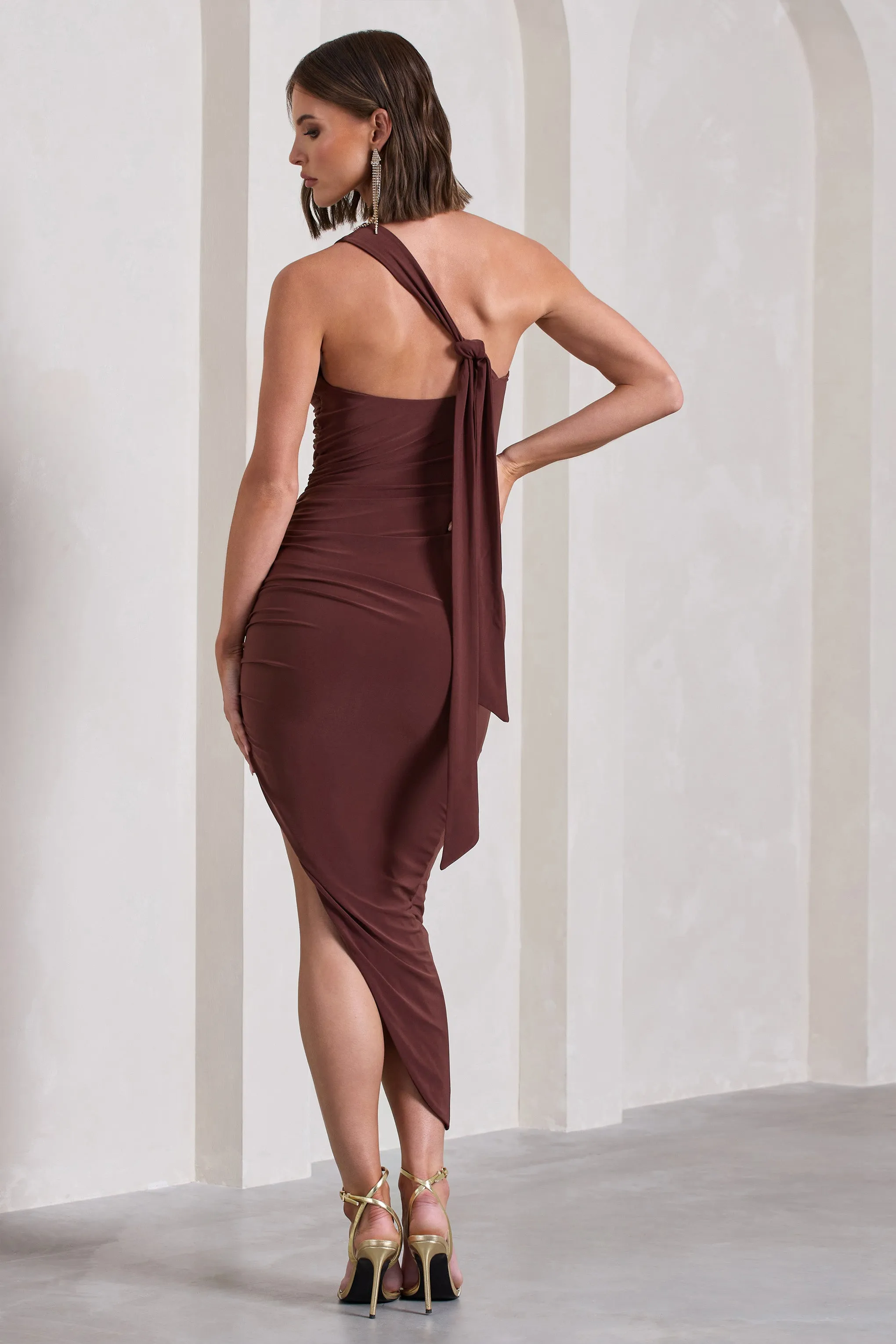 This Way | Chocolate Brown One Shoulder Ruched Asymmetric Open-Back Maxi Dress sold by Club L London product image thumbnail 2