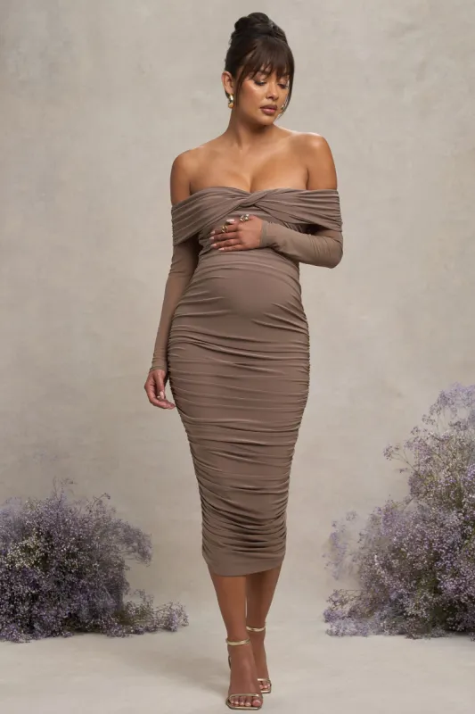 Neva | Mocha Bardot Twist Maternity Midi Dress sold by Club L London