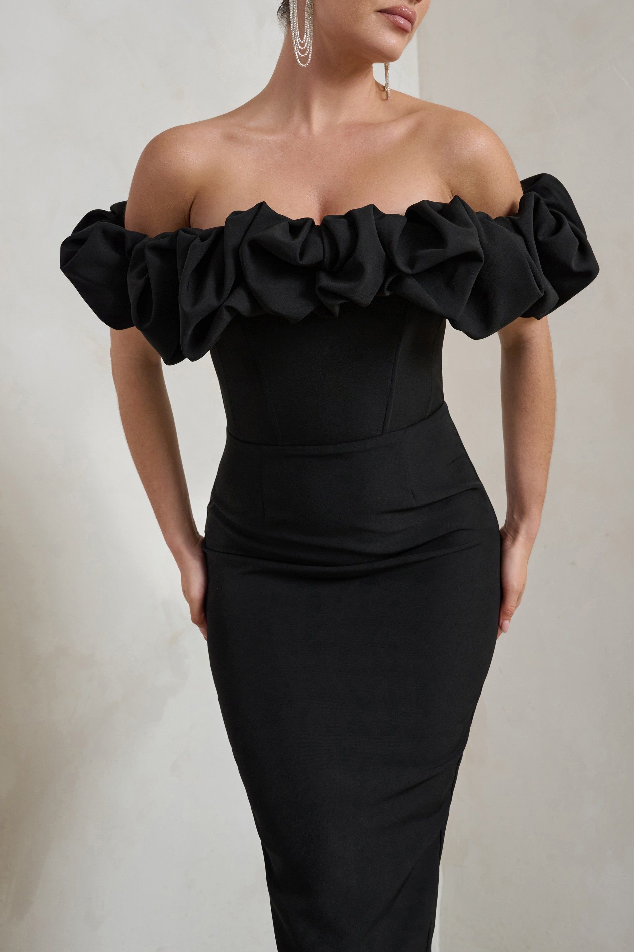 Estie | Black Structured Statement Bardot Midi Dress sold by Club L London product image thumbnail 3