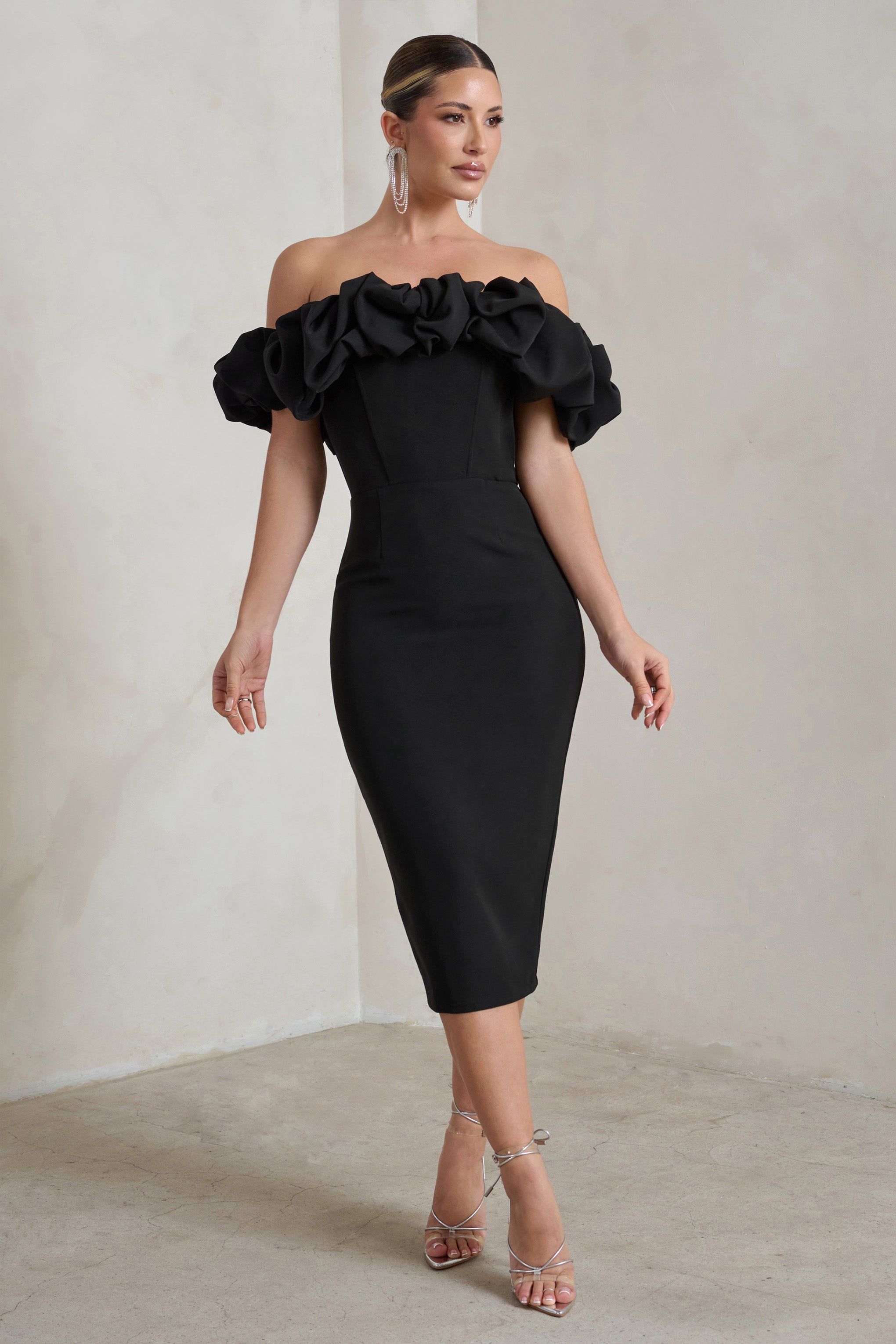 Estie | Black Structured Statement Bardot Midi Dress sold by Club L London