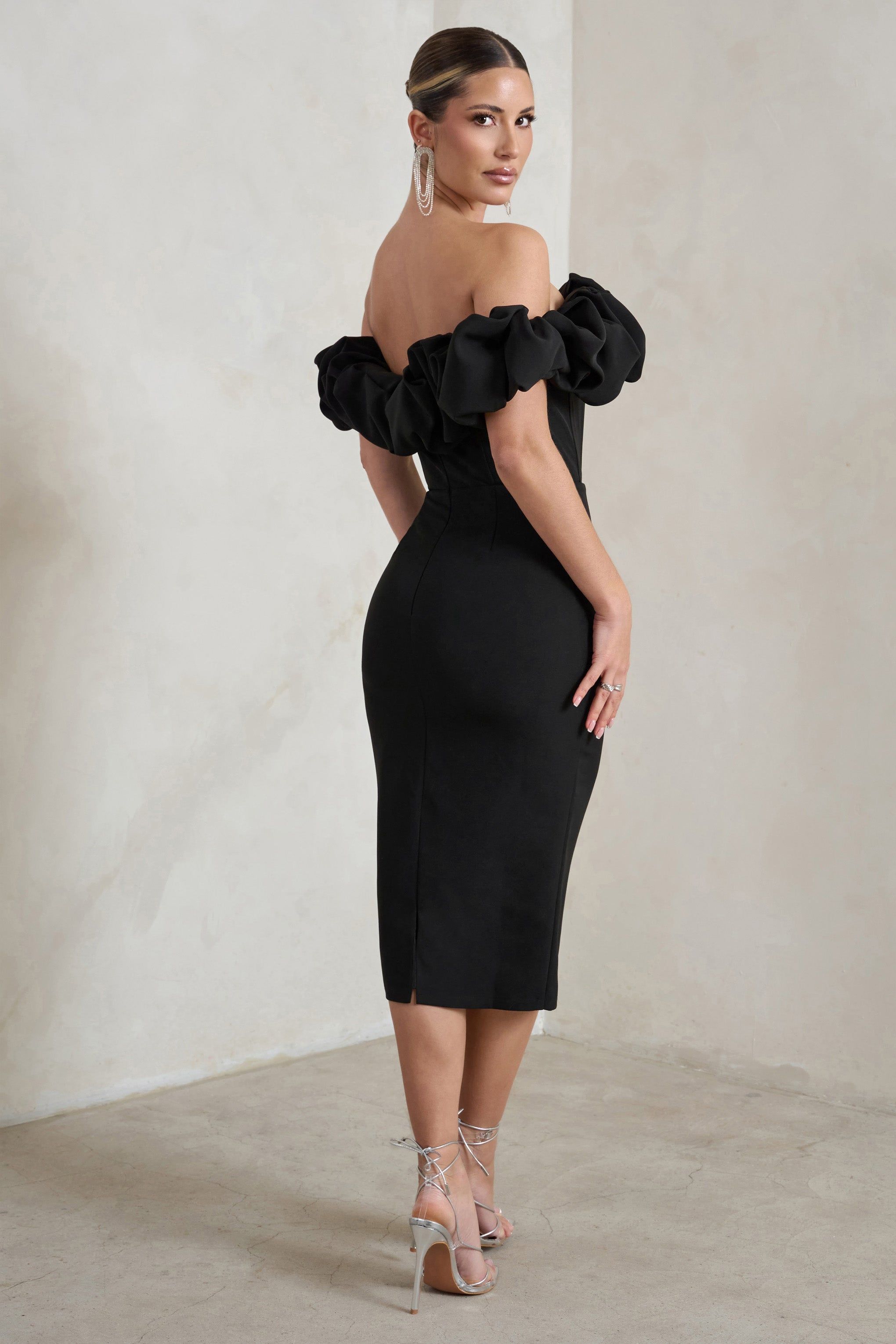 Estie | Black Structured Statement Bardot Midi Dress sold by Club L London product image thumbnail 2