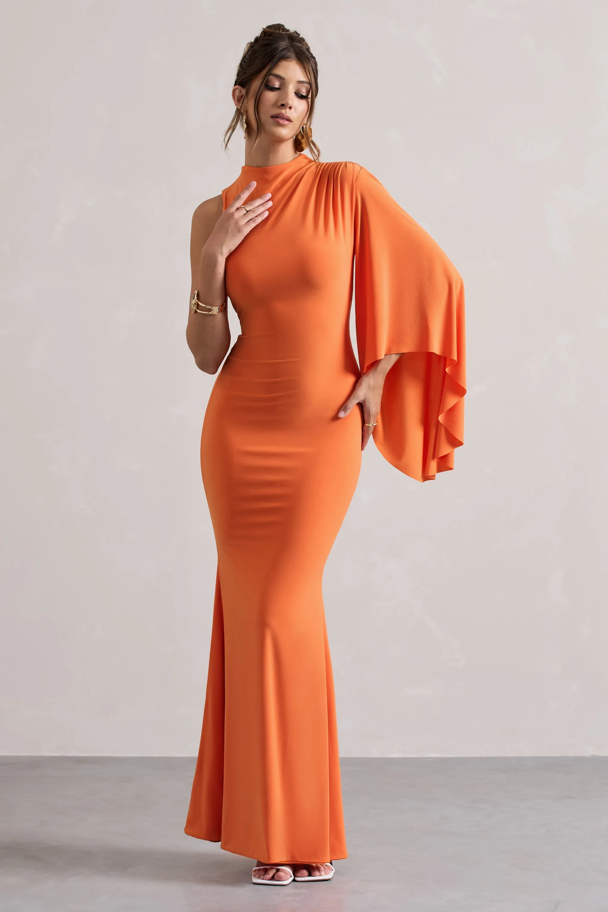 Samaya | Orange High-Neck Cape-Sleeve Maxi Dress sold by Club L London product image thumbnail 4