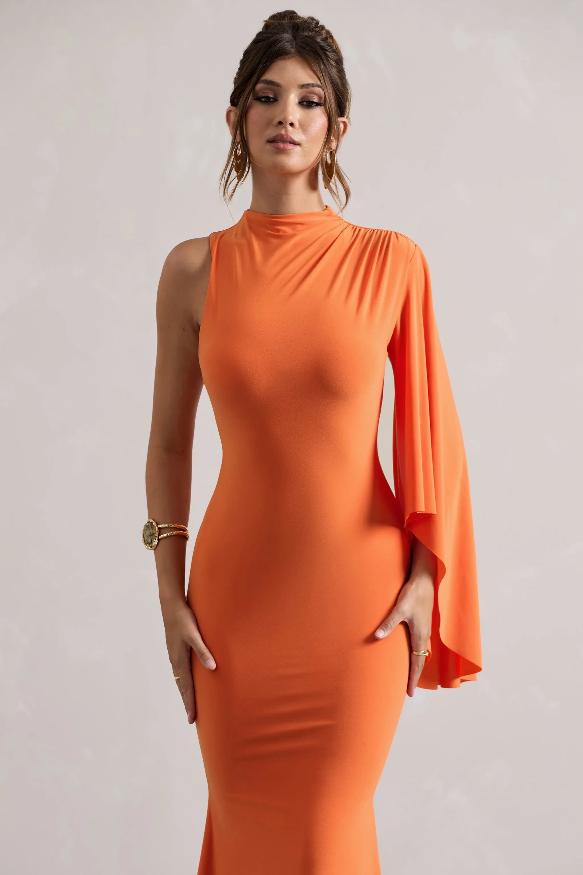 Samaya | Orange High-Neck Cape-Sleeve Maxi Dress sold by Club L London product image thumbnail 3