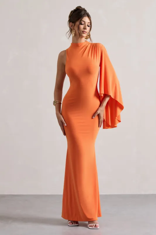 Samaya | Orange High-Neck Cape-Sleeve Maxi Dress made by Club L London