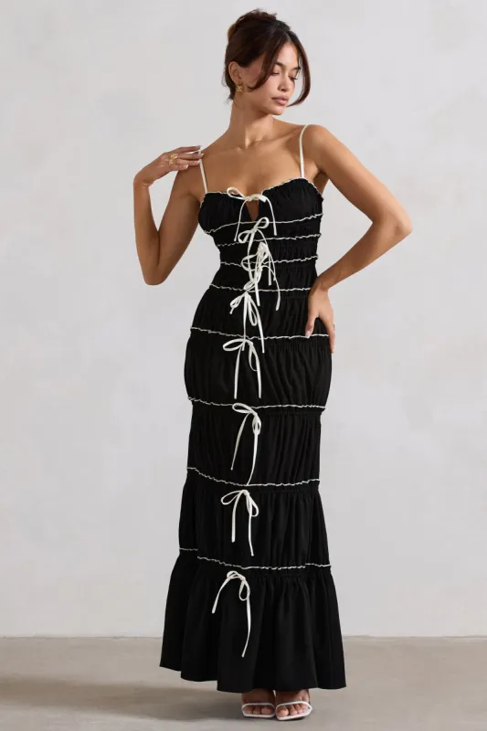 Summer Breeze | Black Strappy Gathered Tiered Maxi Dress sold by Club L London