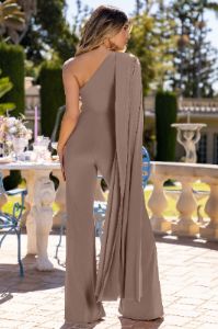 Aurora | Light Mocha One Shoulder Cape Sleeve Jumpsuit sold by Club L London