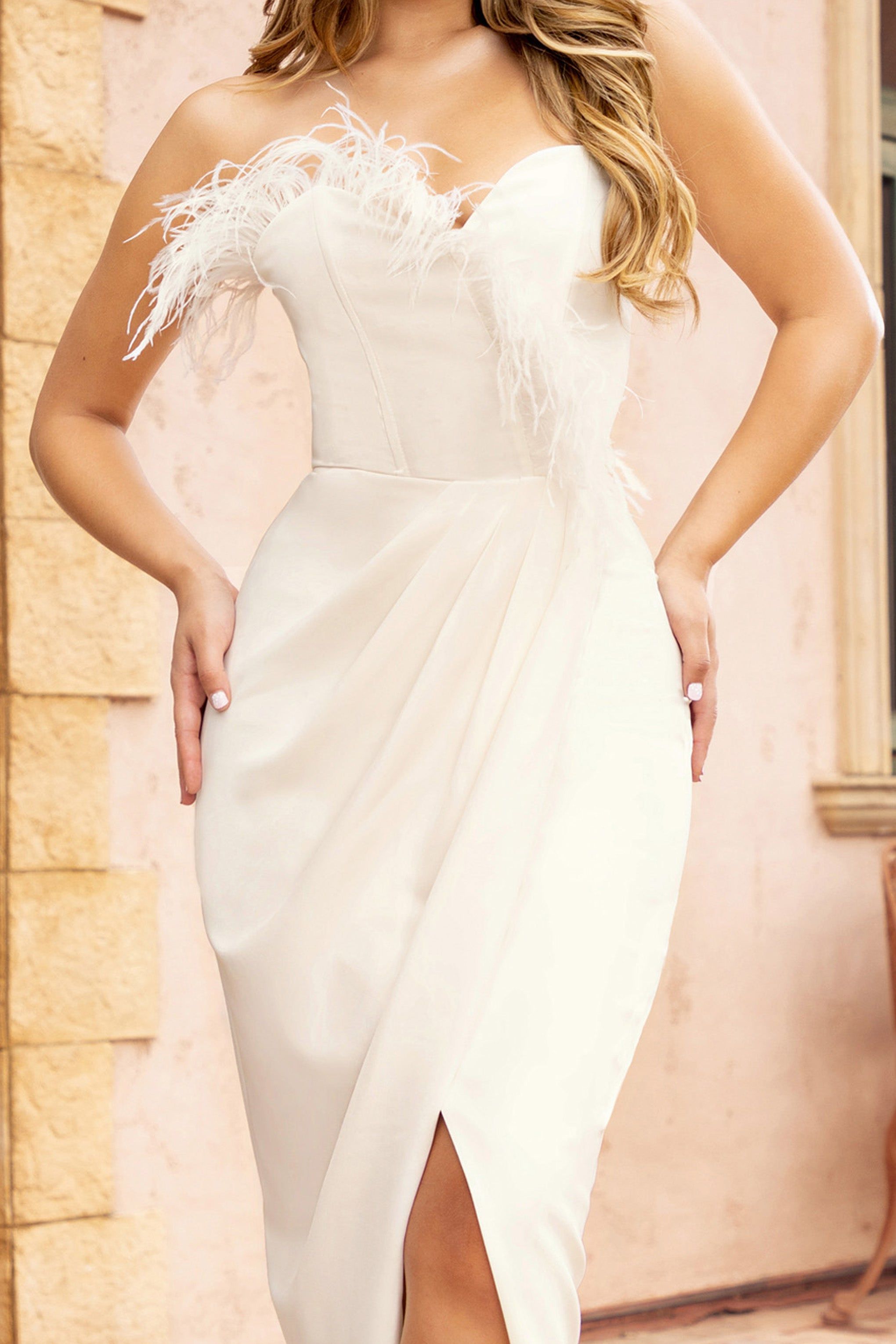 High Class | White Bandeau Thigh Split Maxi Dress With Feather Trim sold by Club L London product image thumbnail 3