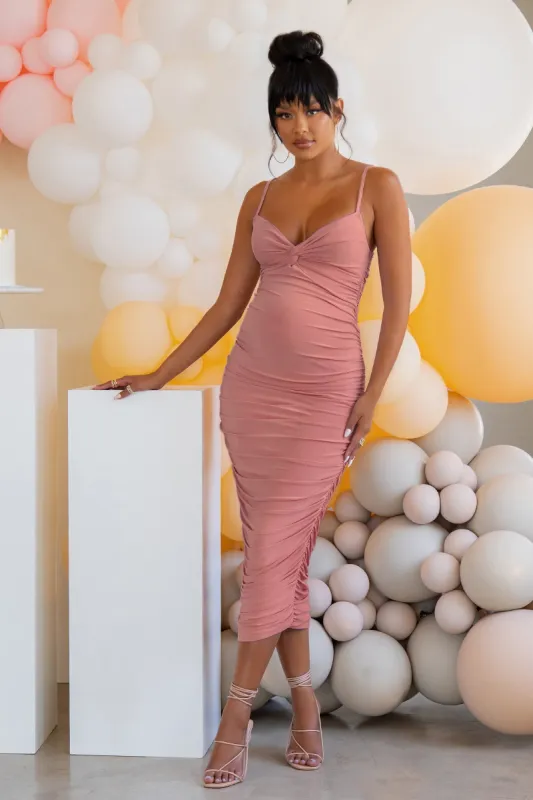 Glam Mama | Pink Maternity Cami Strap Knot Ruched Midi Dress sold by Club L London
