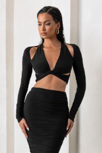 Admirable | Black Plunge Neck Twist Front Crop Top With Long Sleeves sold by Club L London