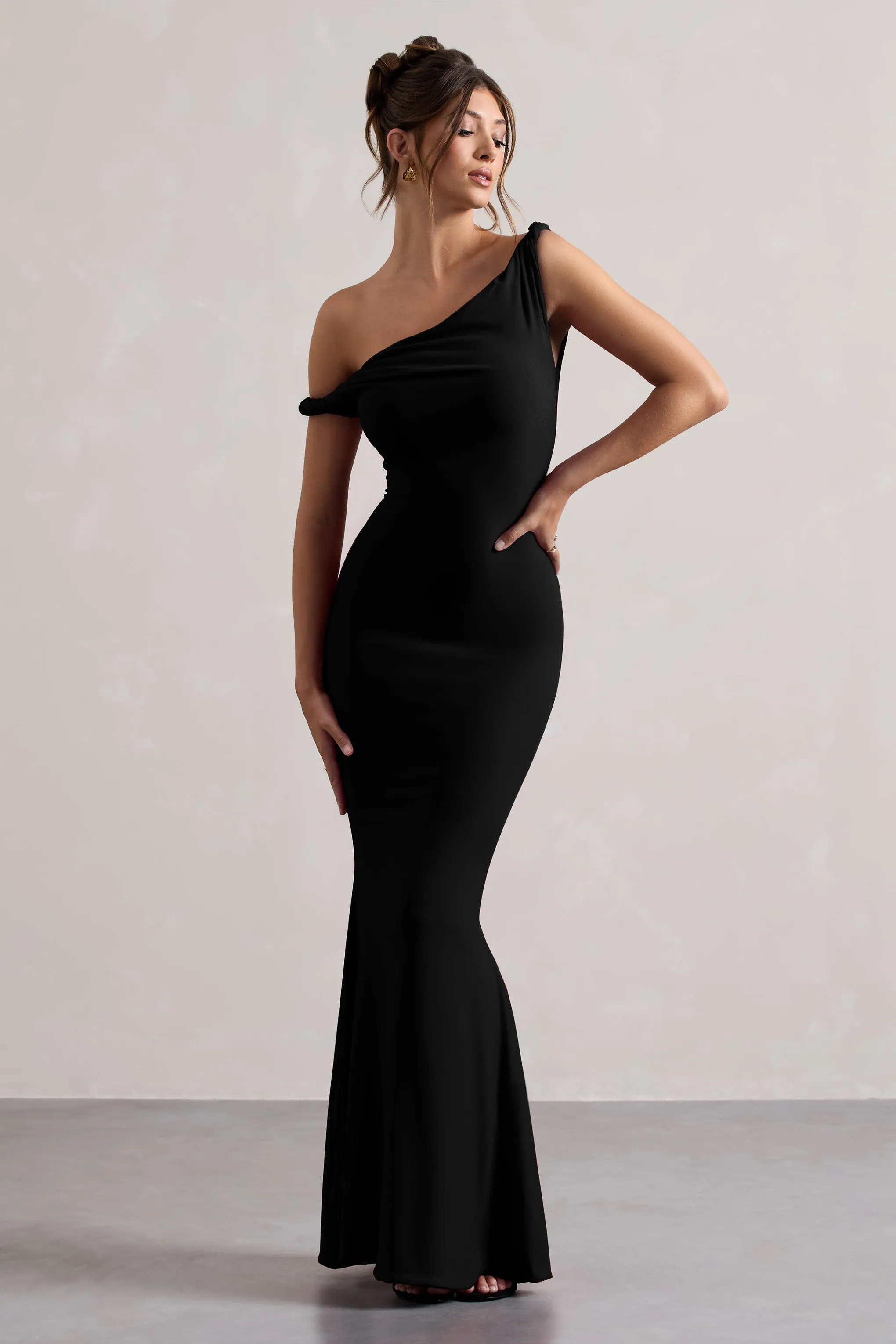 Lita | Black Twisted Asymmetric Maxi Dress sold by Club L London
